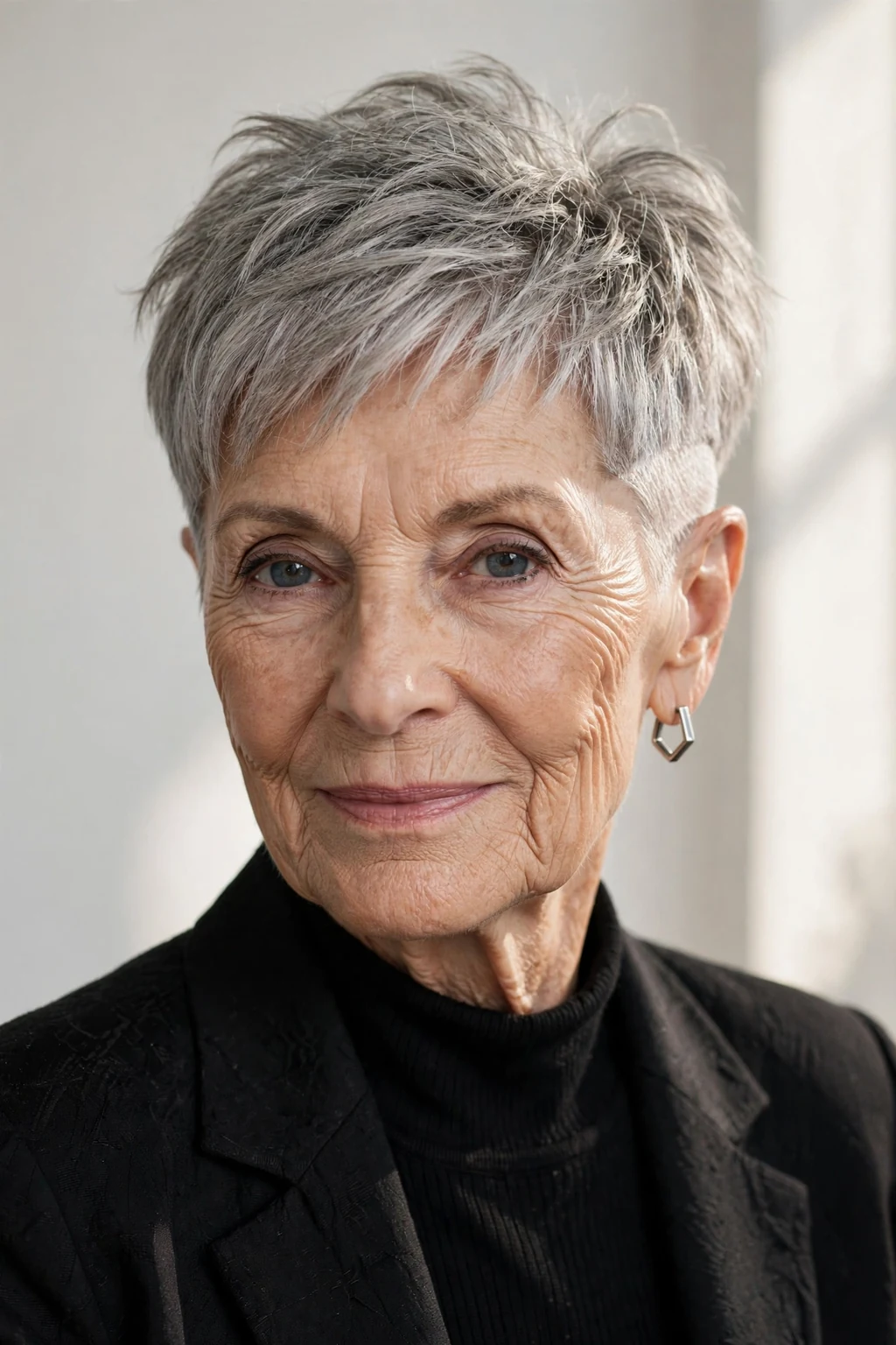 Elegant woman over 70 with pixie and undercut, edgy modern detail, bold light.
