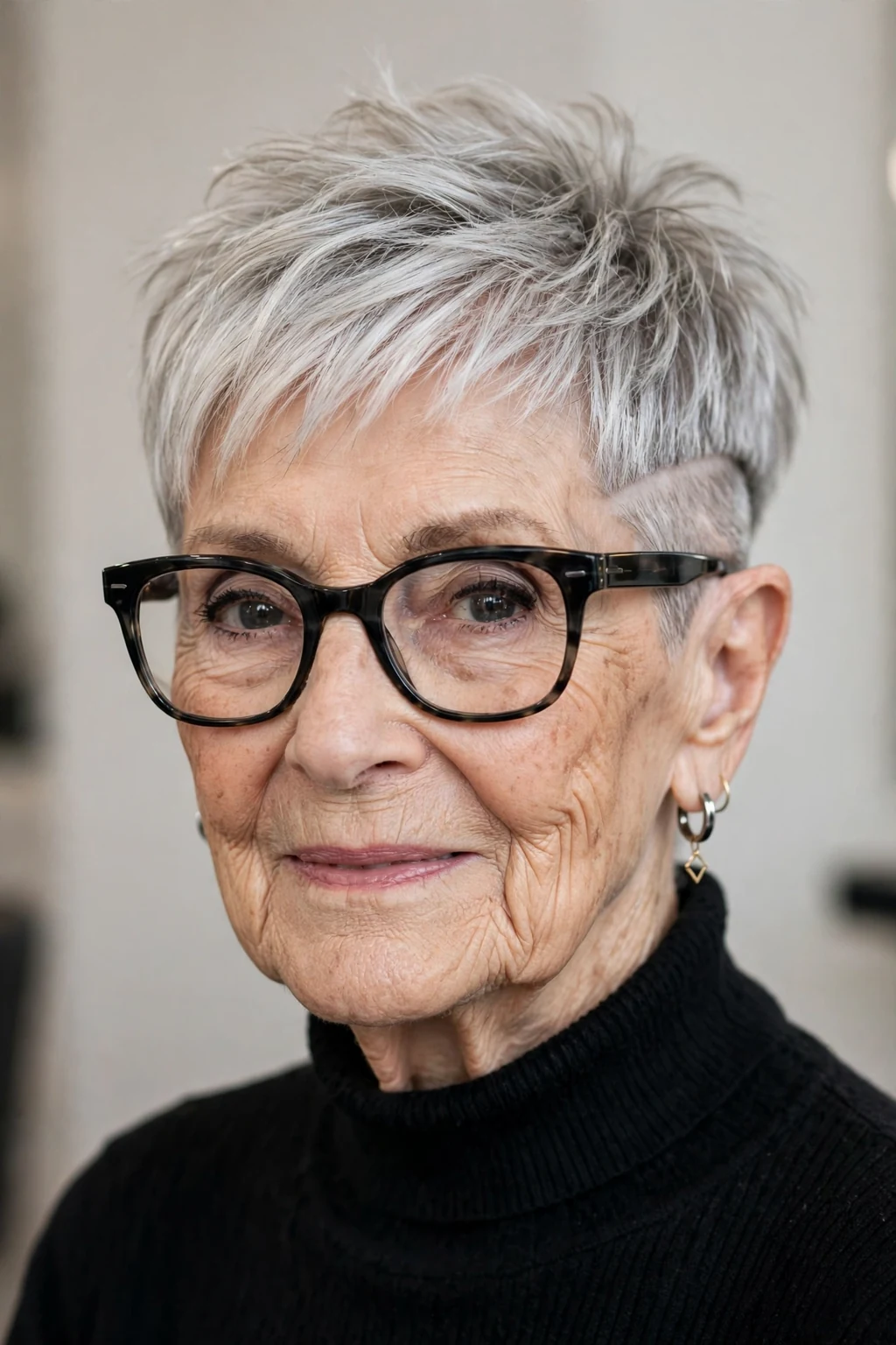 Elegant woman over 80 with glasses and pixie with undercut, modern edgy detail, bold light.