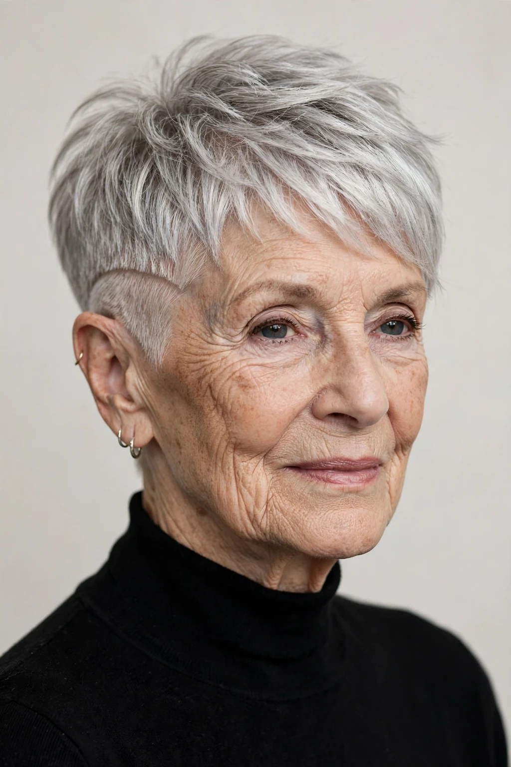 Elegant woman over 80 with pixie and undercut, modern edgy detail, bold light.