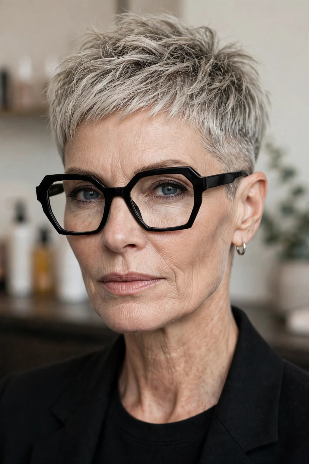 Elegant woman over 50 with fine hair and glasses and pixie with undercut, modern edgy detail, bold light.