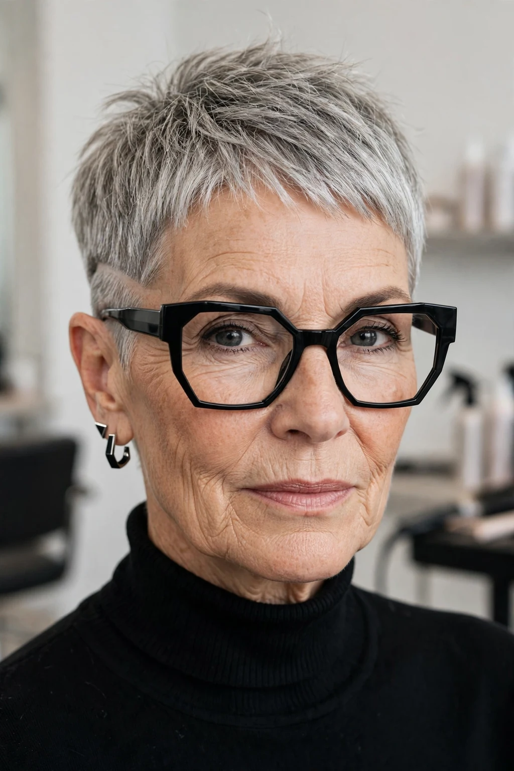 Elegant older woman with fine hair and glasses and pixie with undercut, modern edgy detail, bold light.