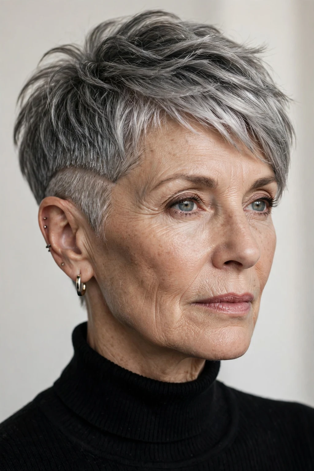 Elegant older woman with pixie with undercut, modern edgy detail, bold light.