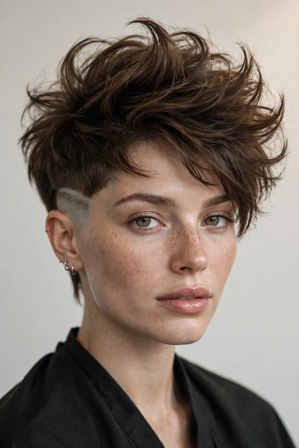 Woman with pixie and undercut volume, hidden shave with full top, edgy light.
