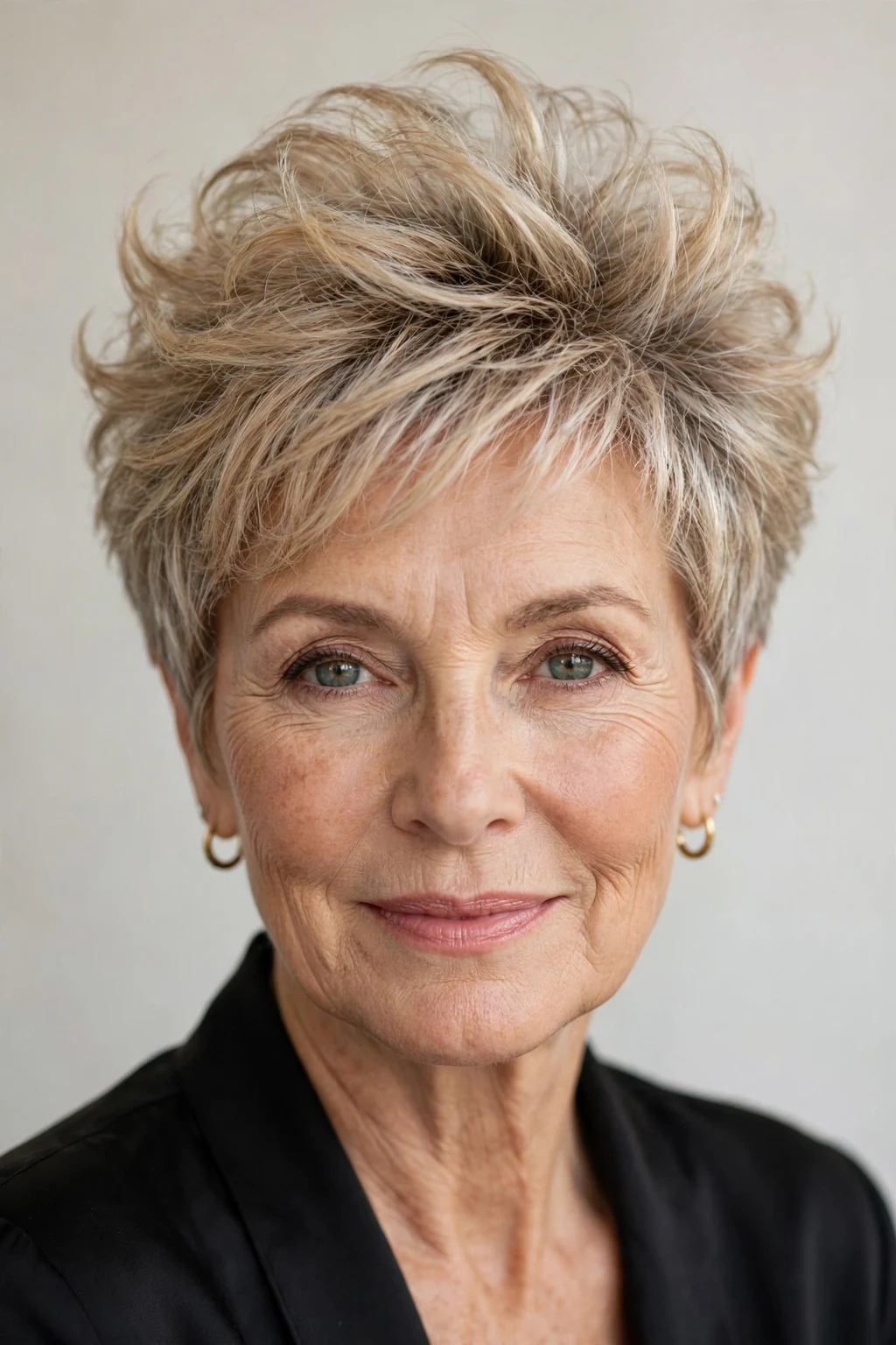 Elegant woman over 50 with pixie with volume crown, lifted bouncy top, glamorous light.