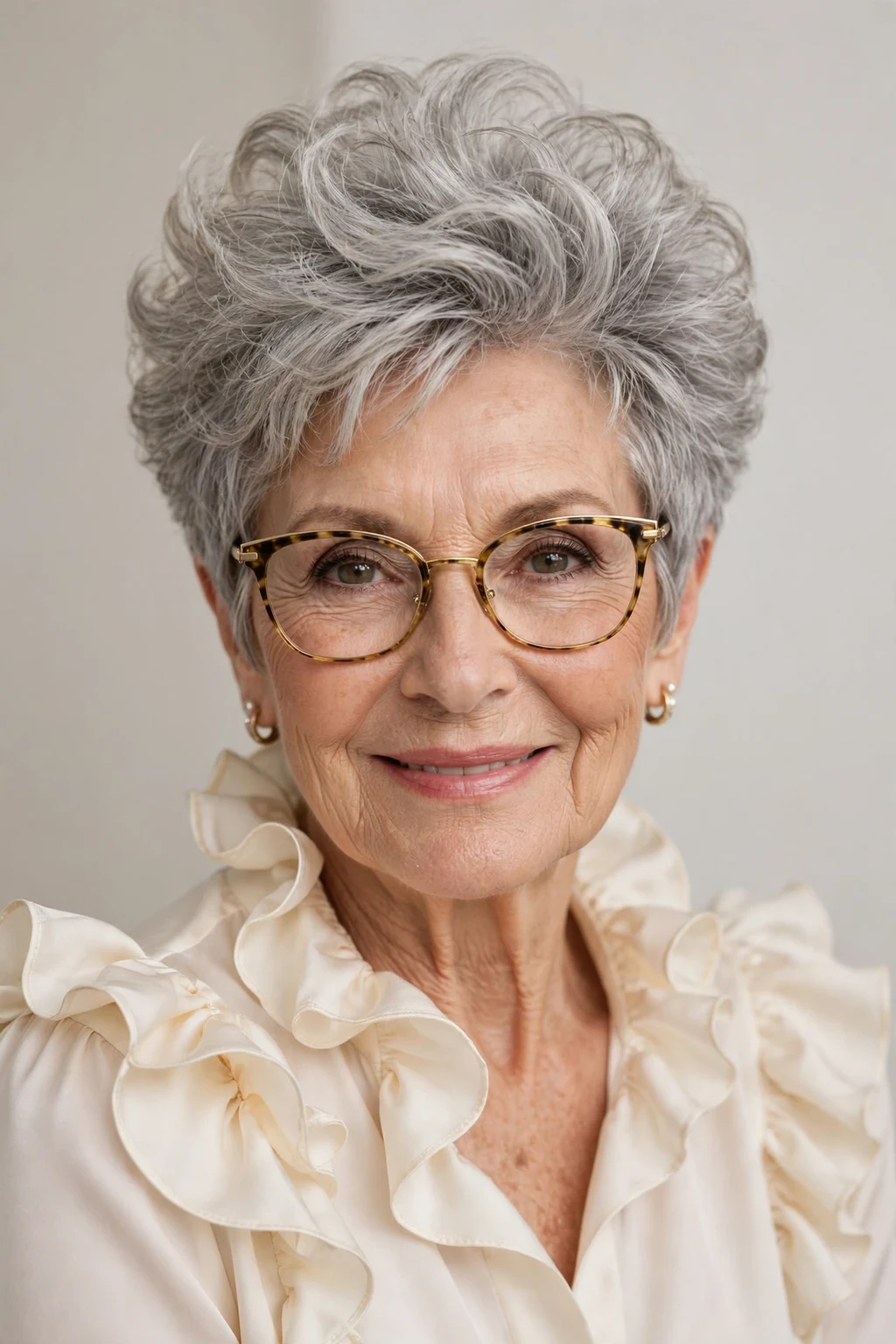 Elegant woman over 60 with glasses and pixie with volume crown, lifted bouncy top, glamorous light.