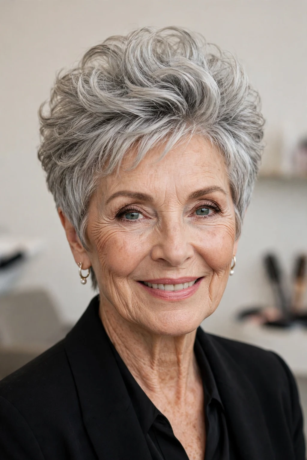 Elegant woman over 60 with voluminous crown pixie, lifted bouncy top, glamorous light.
