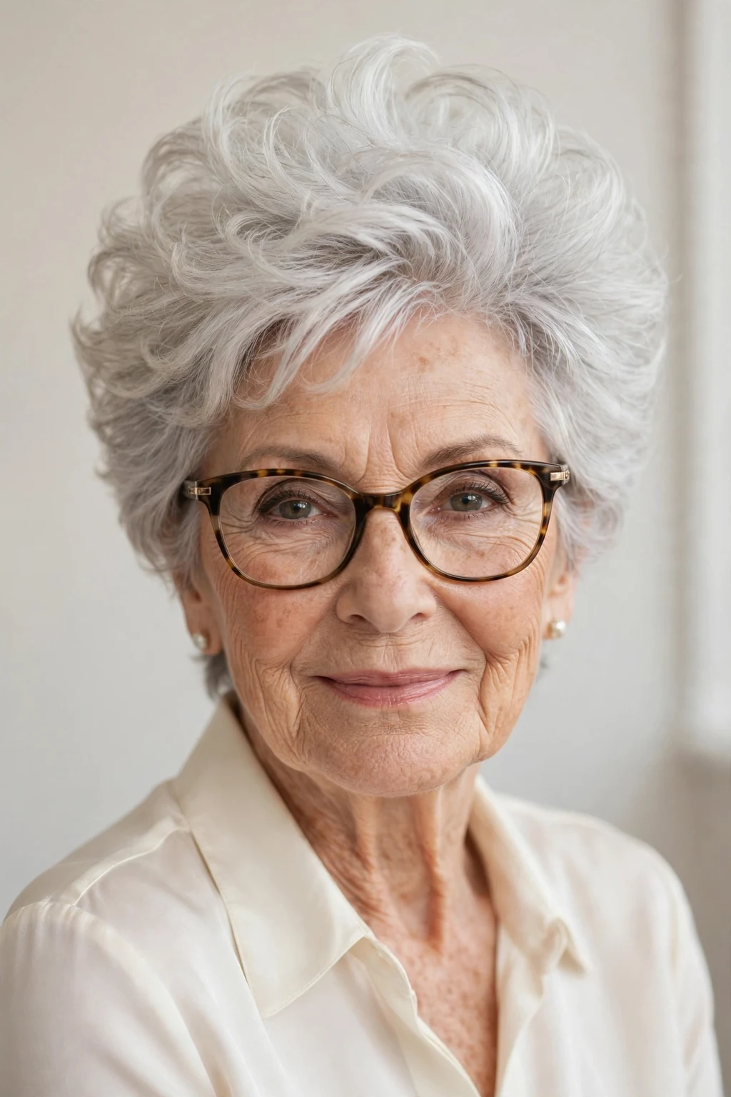 Elegant woman over 70 with glasses and pixie with volume crown, lifted bouncy top, glamorous light.