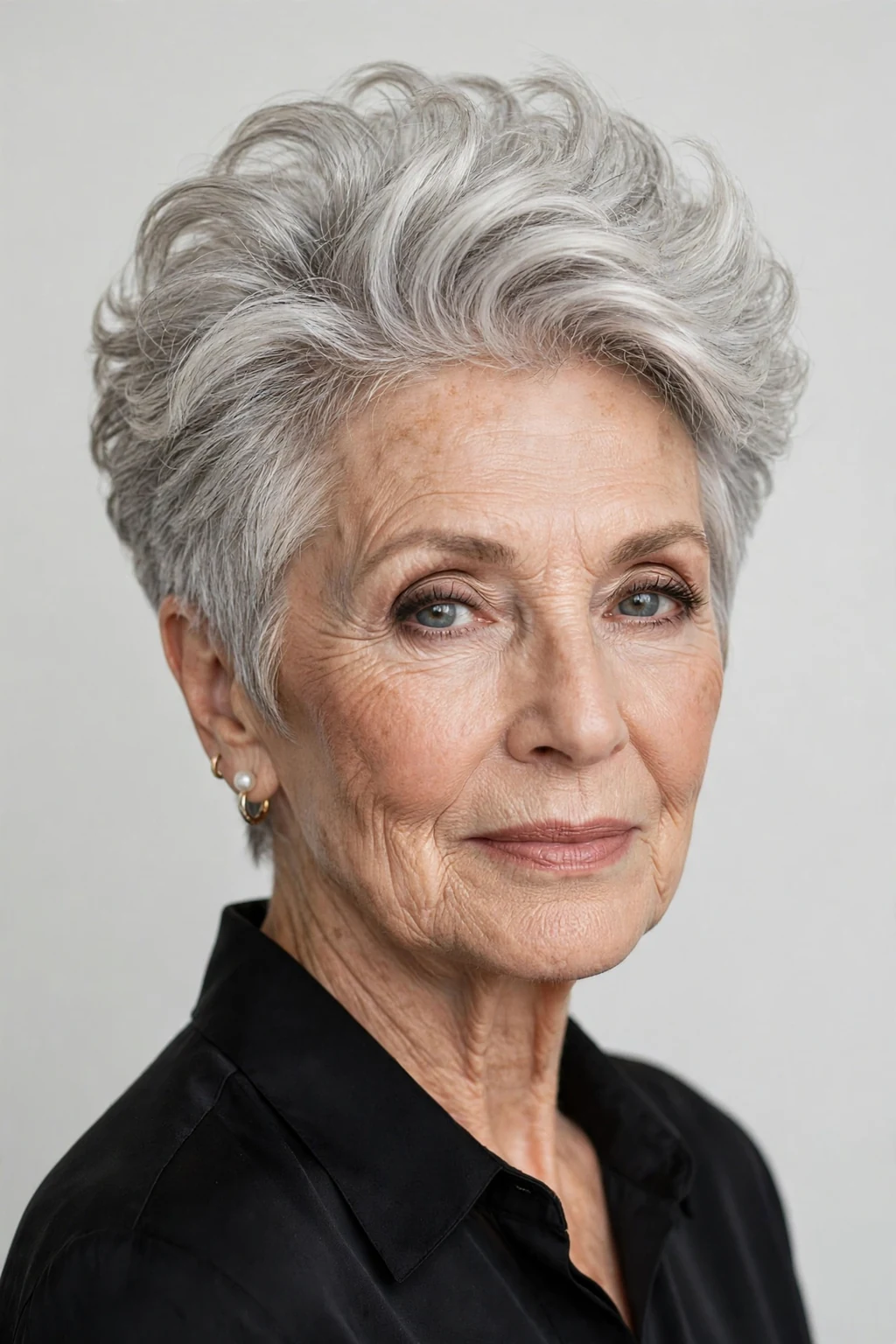 Elegant woman over 70 with pixie and volume crown, lifted bouncy top, glamorous light.