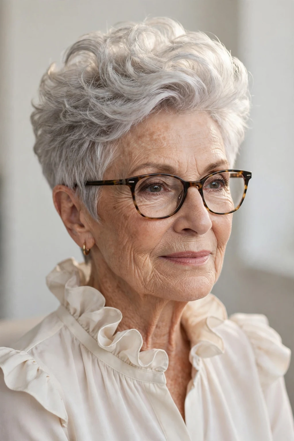 Elegant woman over 80 with glasses and pixie with volume crown, lifted bouncy top, glamorous light.