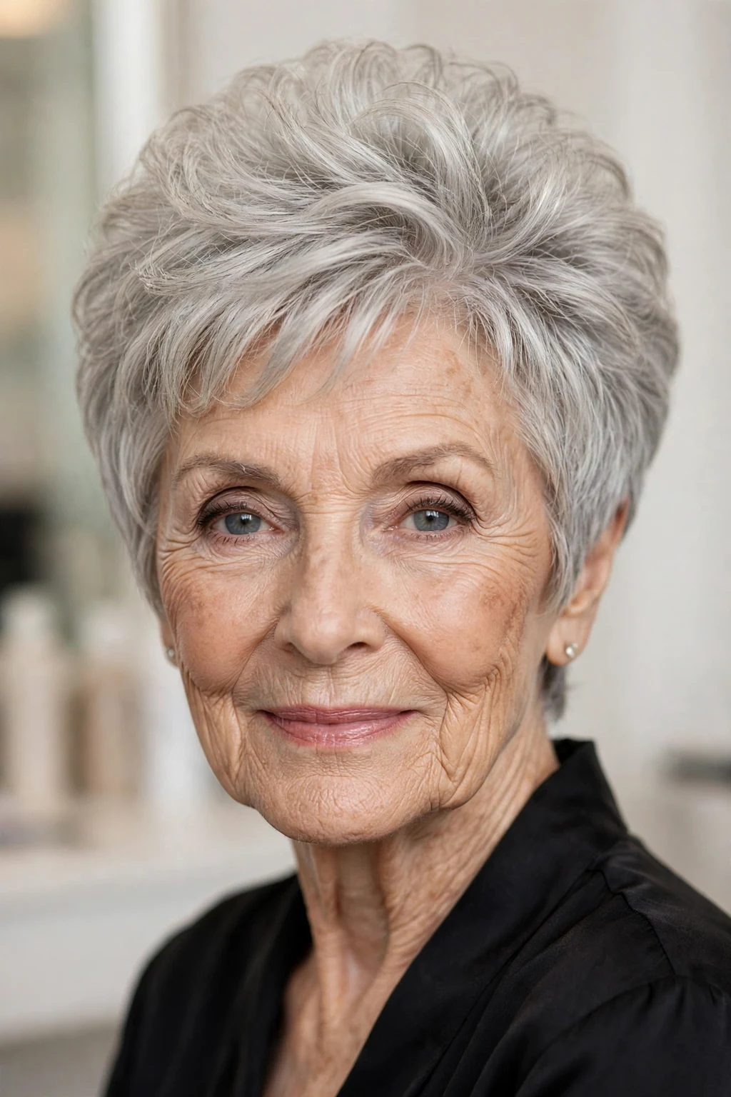 Elegant woman over 80 with pixie and volume crown, lifted bouncy top, glamorous light.