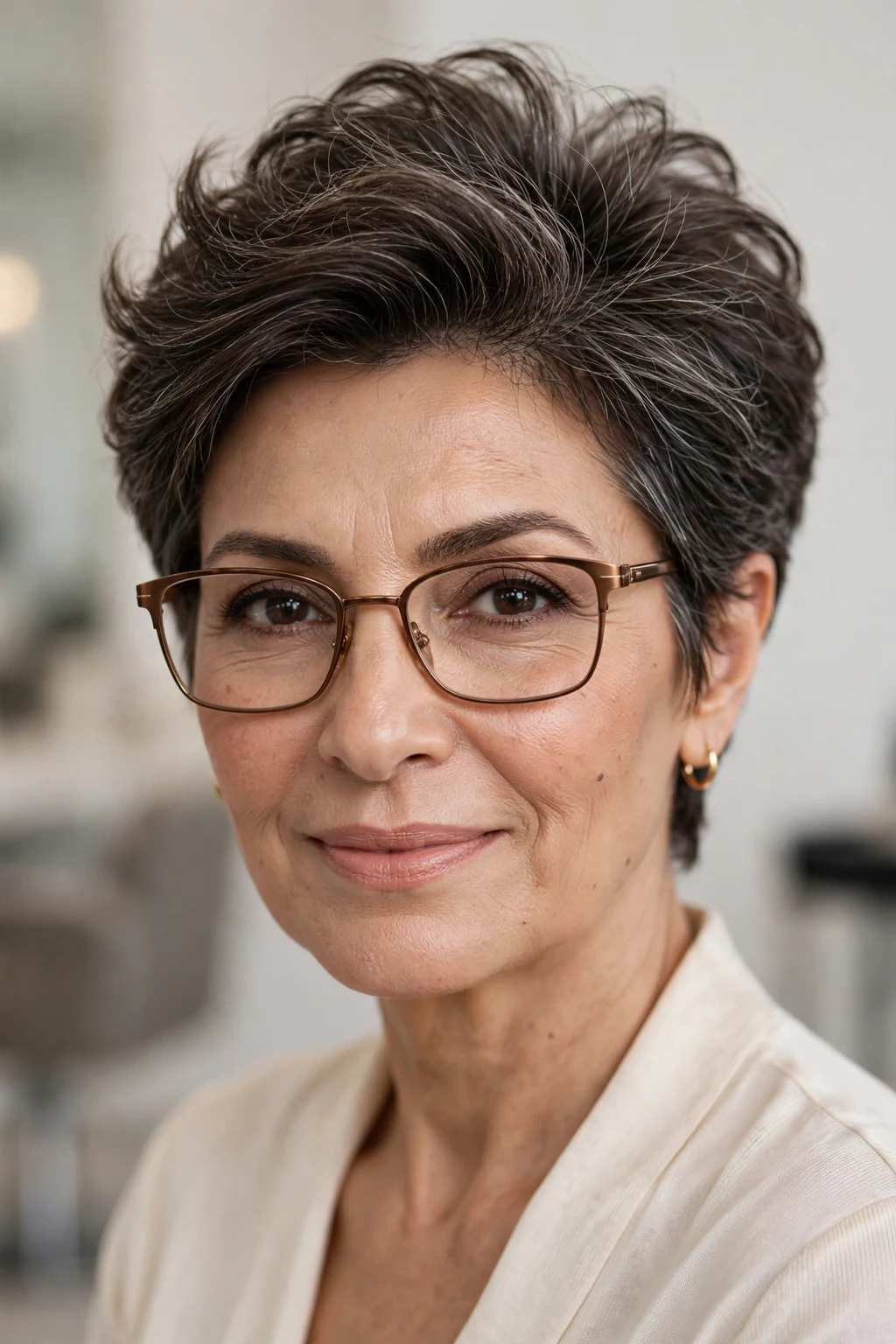 Elegant woman over 50 with fine hair and glasses and pixie with volume crown, lifted soft top, glamorous light.