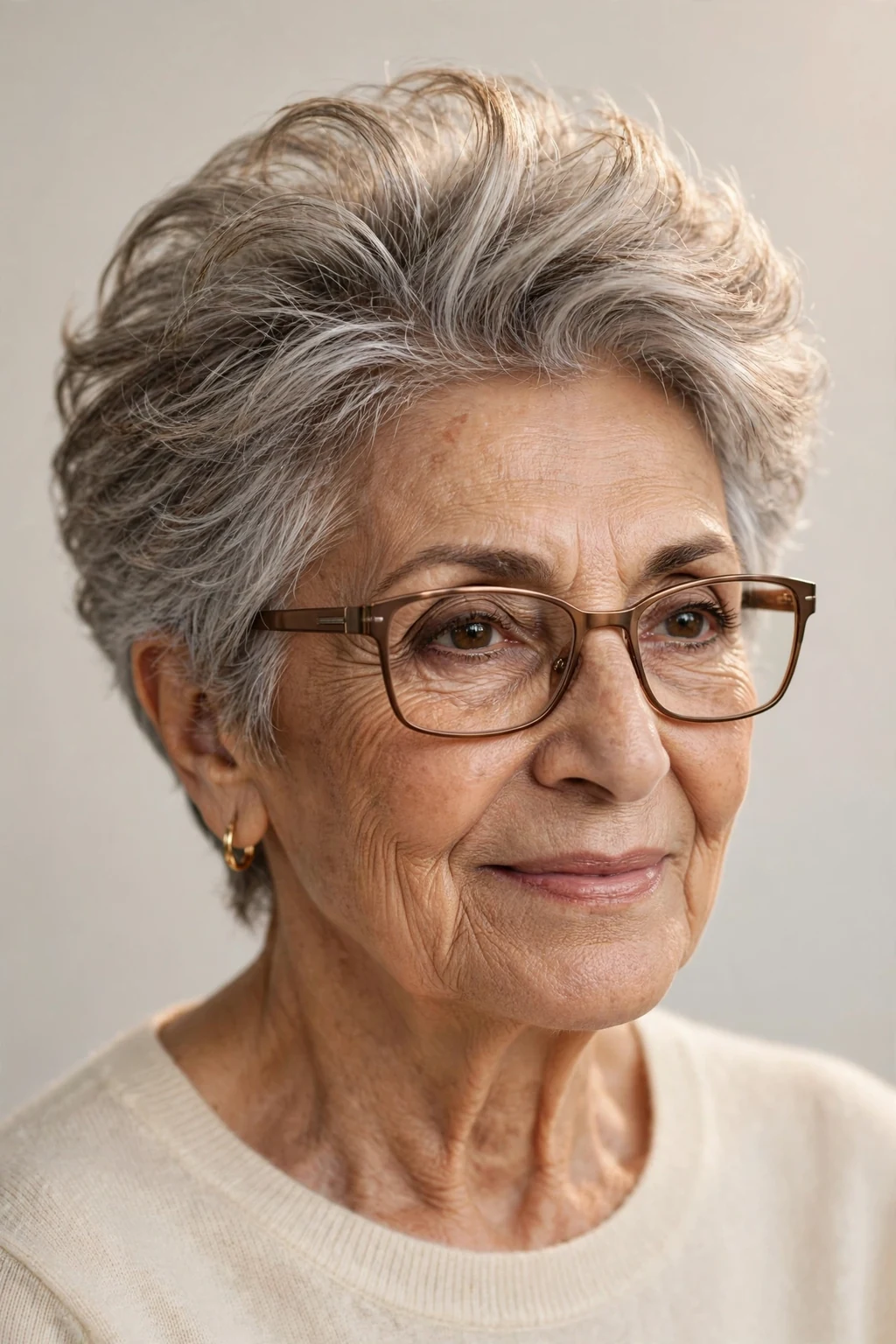 Elegant older woman with fine hair and glasses and pixie with volume crown, lifted soft top, glamorous light.