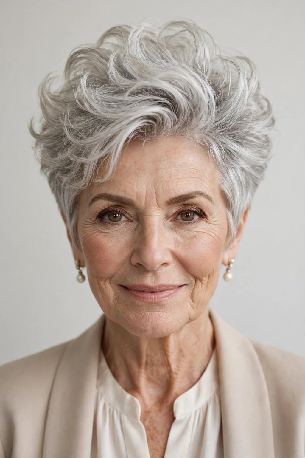 Elegant older woman with pixie with volume crown, lifted bouncy top, glamorous light.