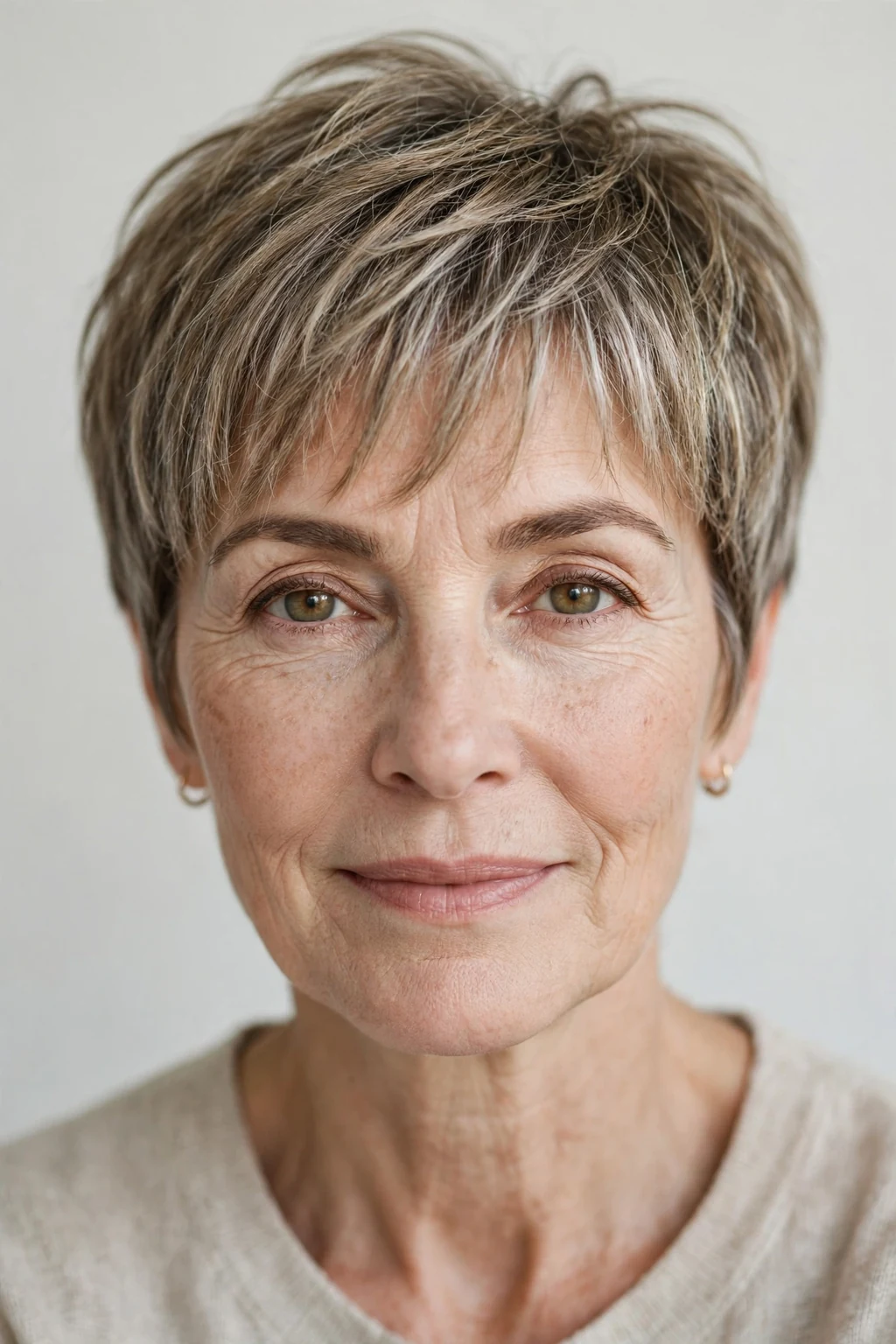 Elegant woman over 50 with pixie with wispy fringe, delicate airy bangs, gentle light.
