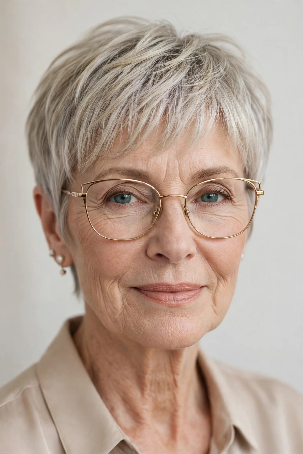 Elegant woman over 60 with glasses and pixie with wispy fringe, delicate airy bangs, gentle light.