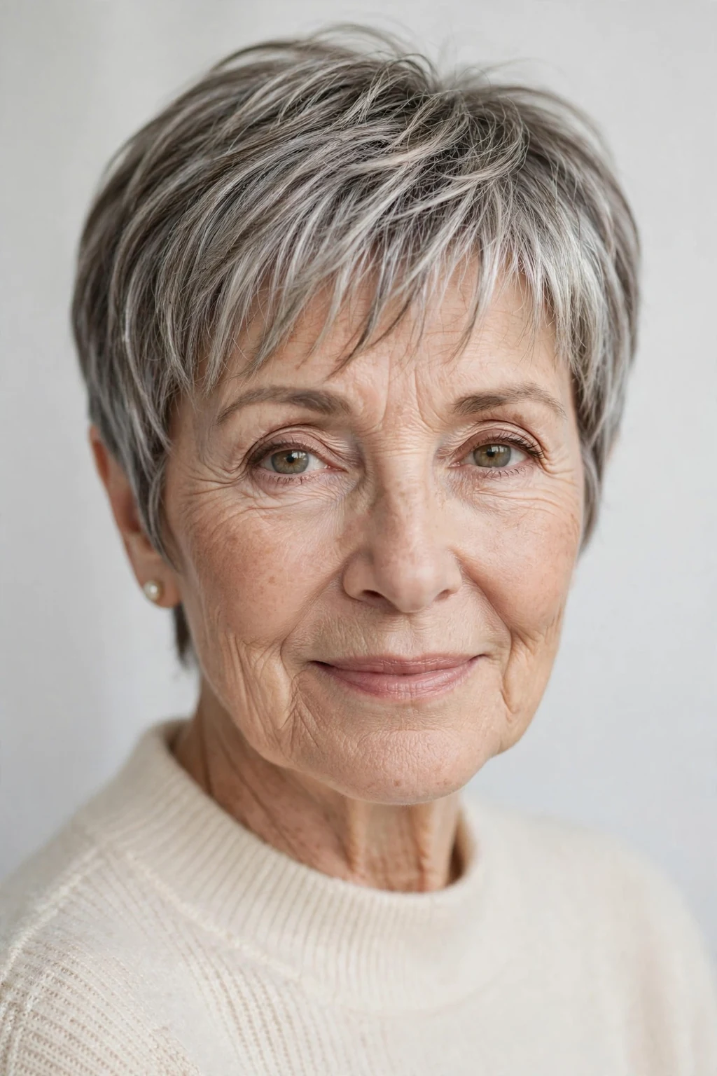 Elegant woman over 60 with pixie and wispy fringe, delicate airy bangs, gentle light.