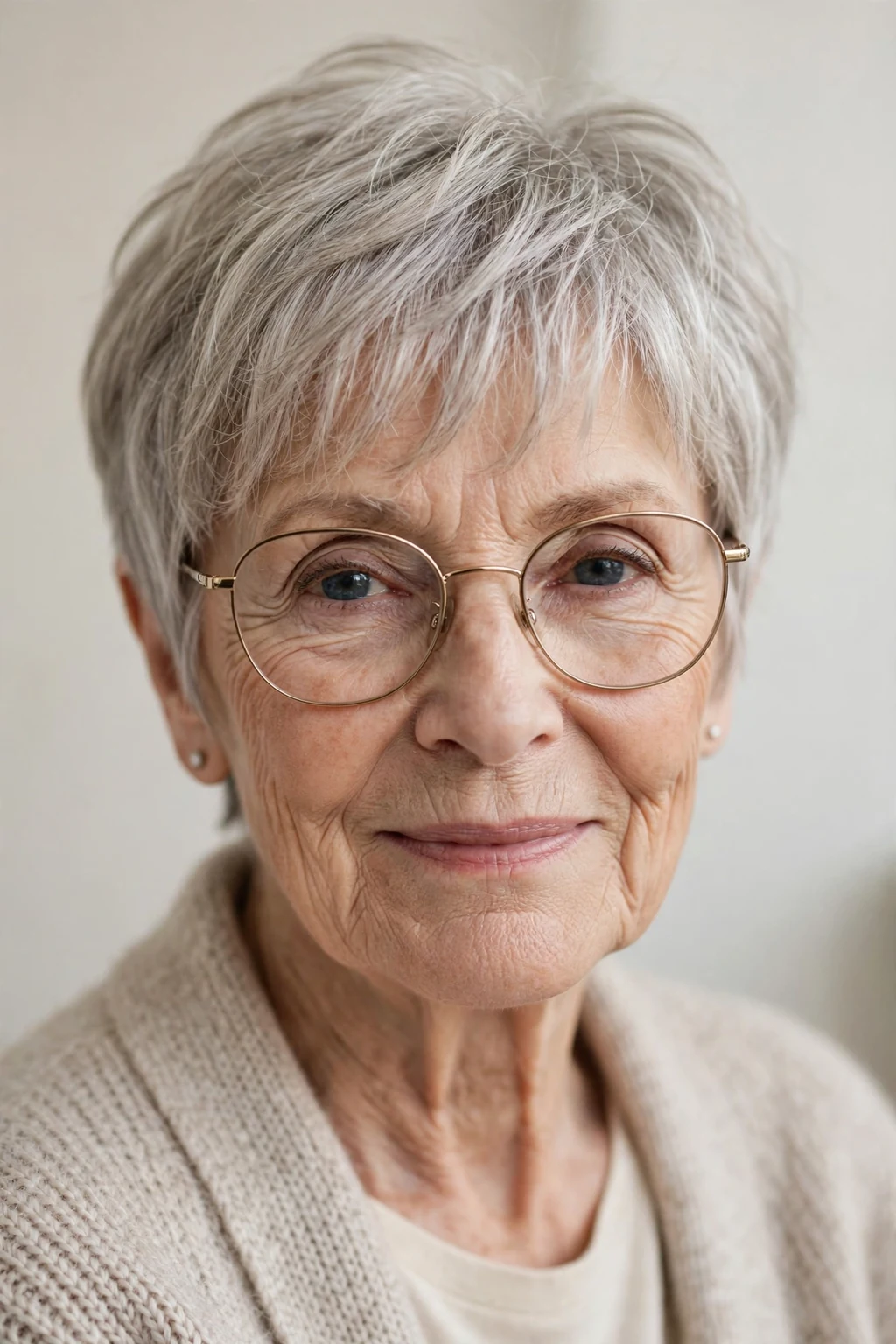 Elegant woman over 70 with glasses and pixie with wispy fringe, delicate airy bangs, gentle light.