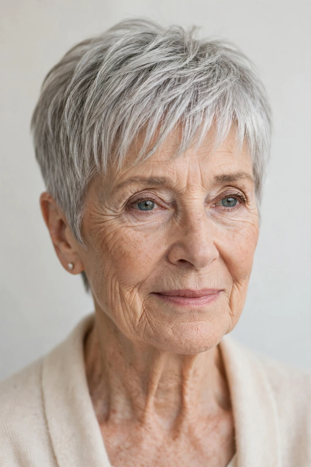 Elegant woman over 70 with pixie and wispy fringe, delicate airy bangs, gentle light.