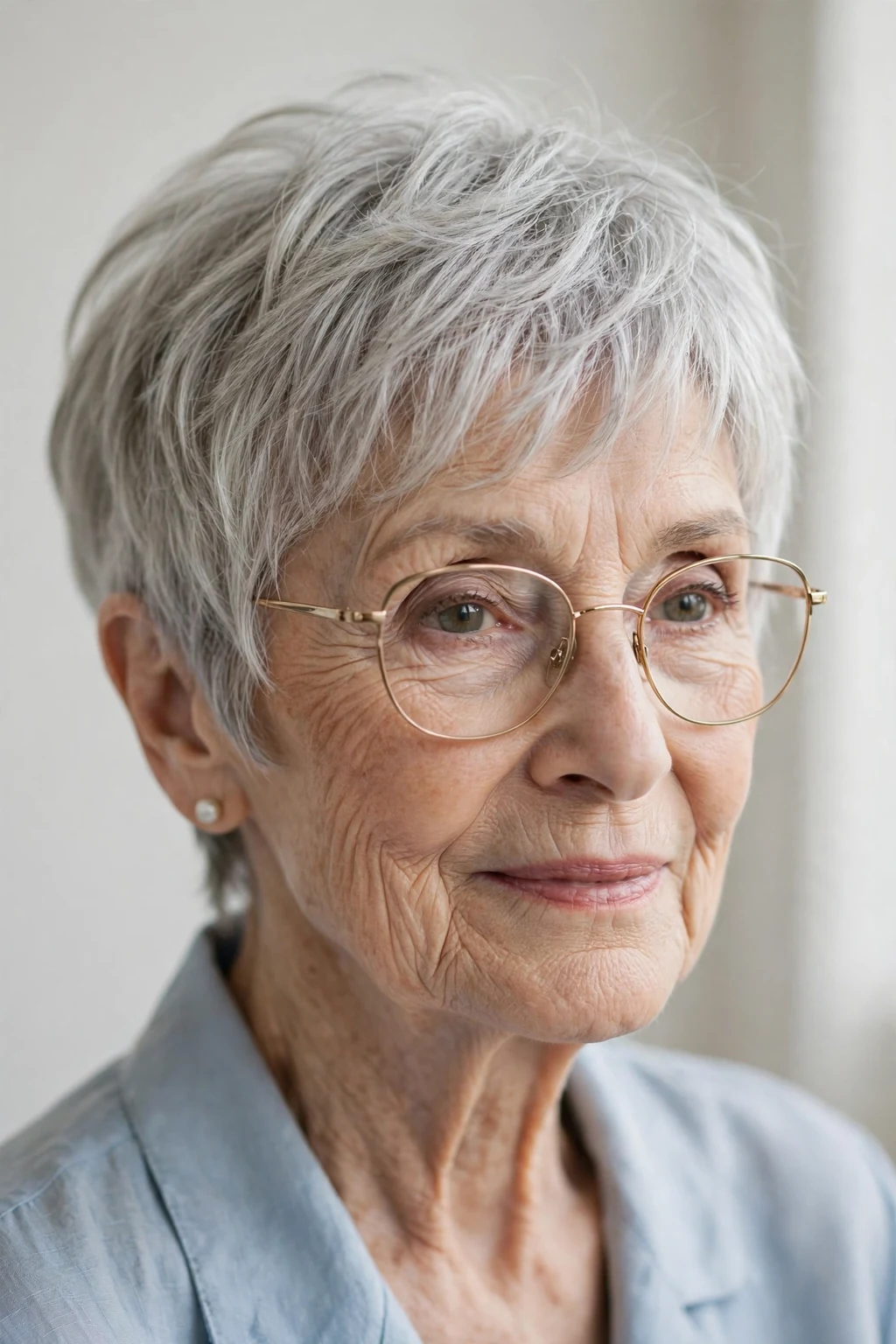 Elegant woman over 80 with glasses and pixie with wispy fringe, delicate airy bangs, gentle light.