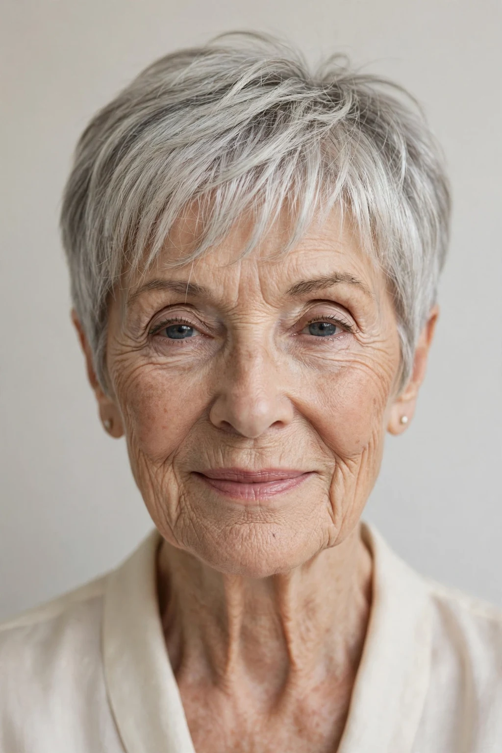 Elegant woman over 80 with pixie and wispy fringe, delicate airy bangs, gentle light.