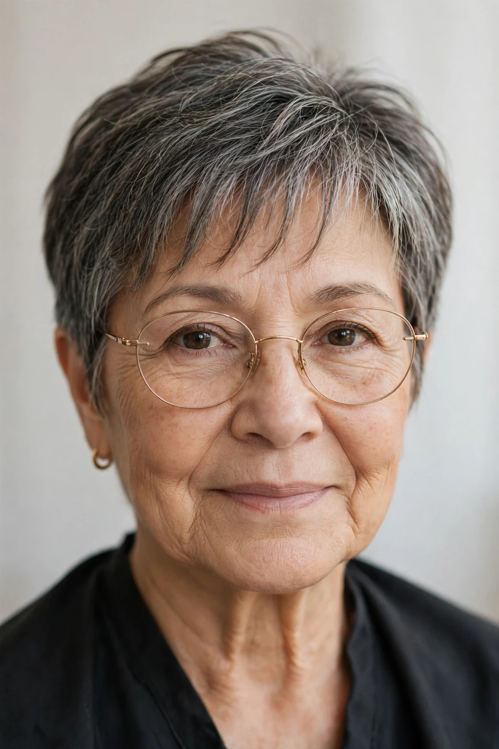 Elegant older woman with fine hair and glasses and pixie with wispy fringe, delicate airy bangs, gentle light.