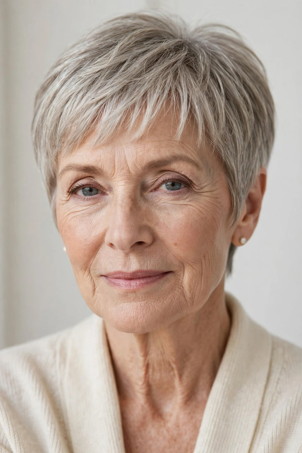 Elegant older woman with pixie with wispy fringe, delicate airy bangs, gentle light.