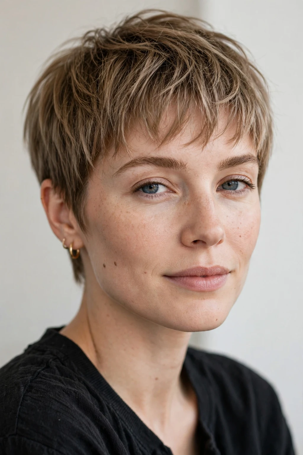 Woman with pixie and wispy fringe, delicate bangs with short cut, gentle light.