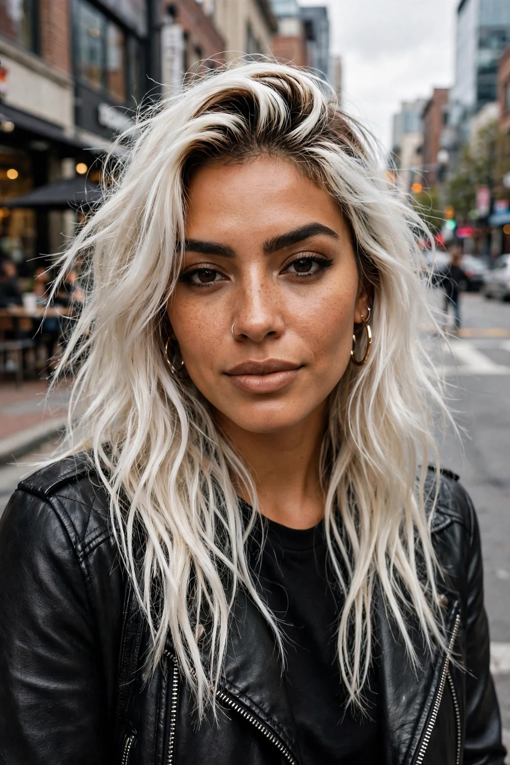 Beautiful woman with platinum balayage, bright platinum balayage, striking light.