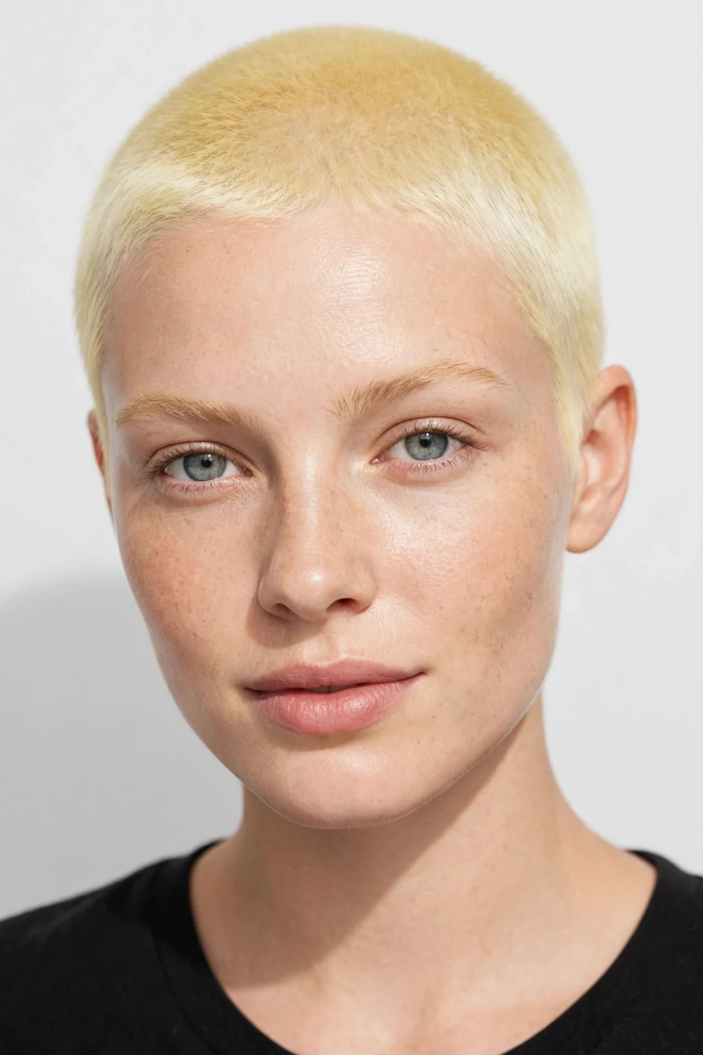 Woman with platinum dyed buzz cut, bright blonde buzzed hair, striking light.