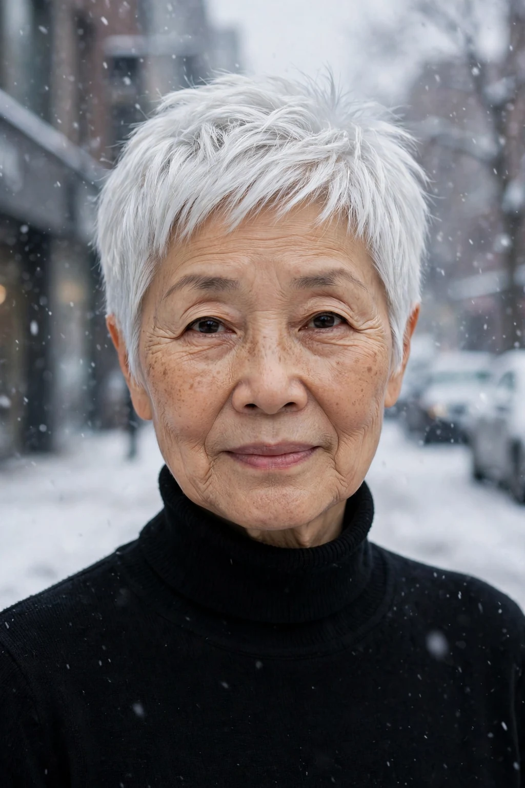 A woman in her late 60s with a platinum ice pixie cut, wearing a black turtleneck in a snowy winter street.