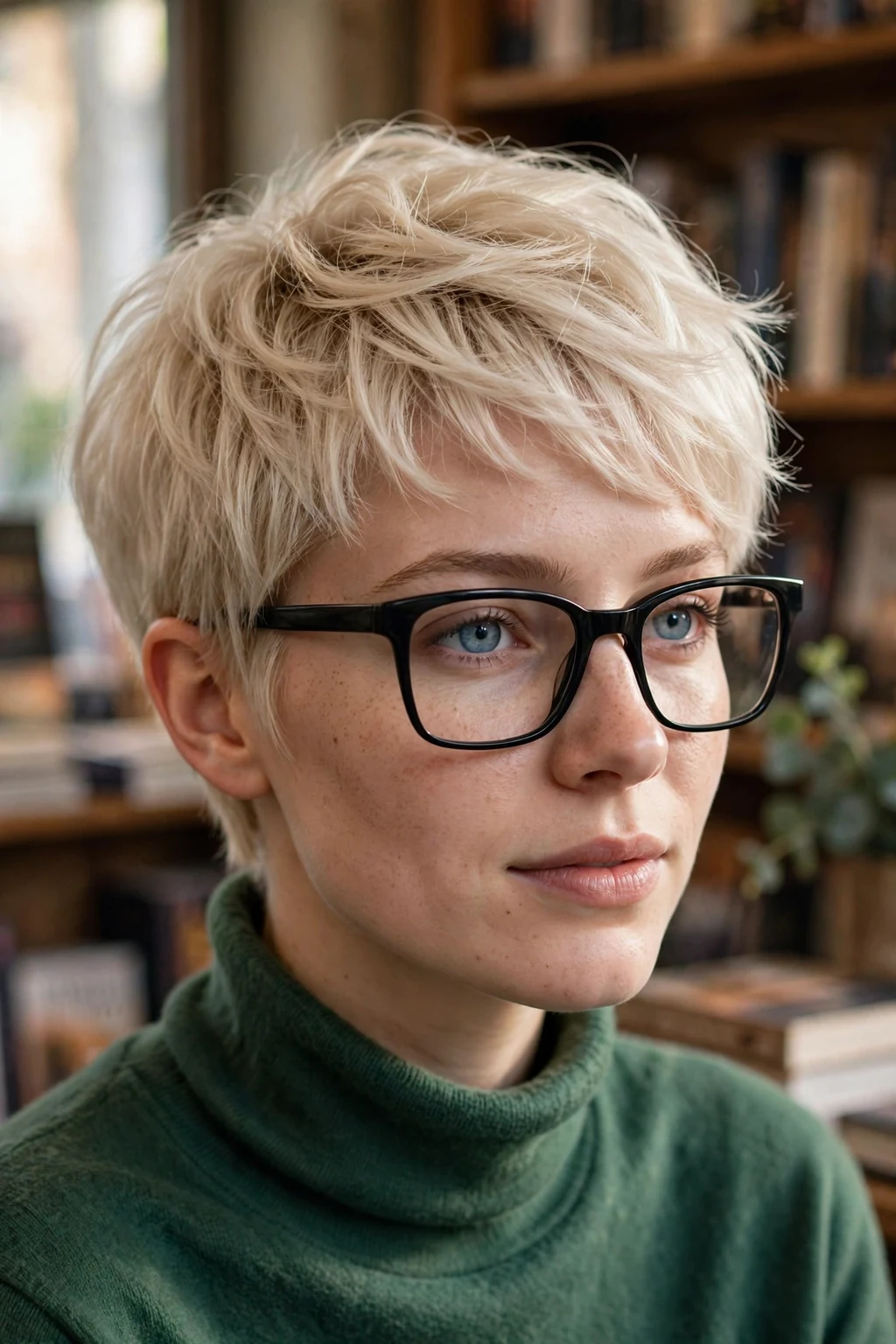 Young woman in her late 20s with a platinum blonde pixie cut wearing black rectangular glasses.
