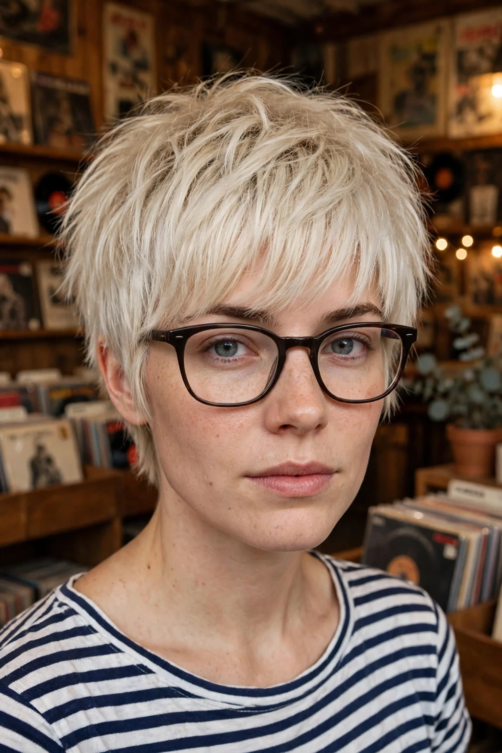 Young woman in her late 20s with a platinum shaggy pixie wearing browline glasses.
