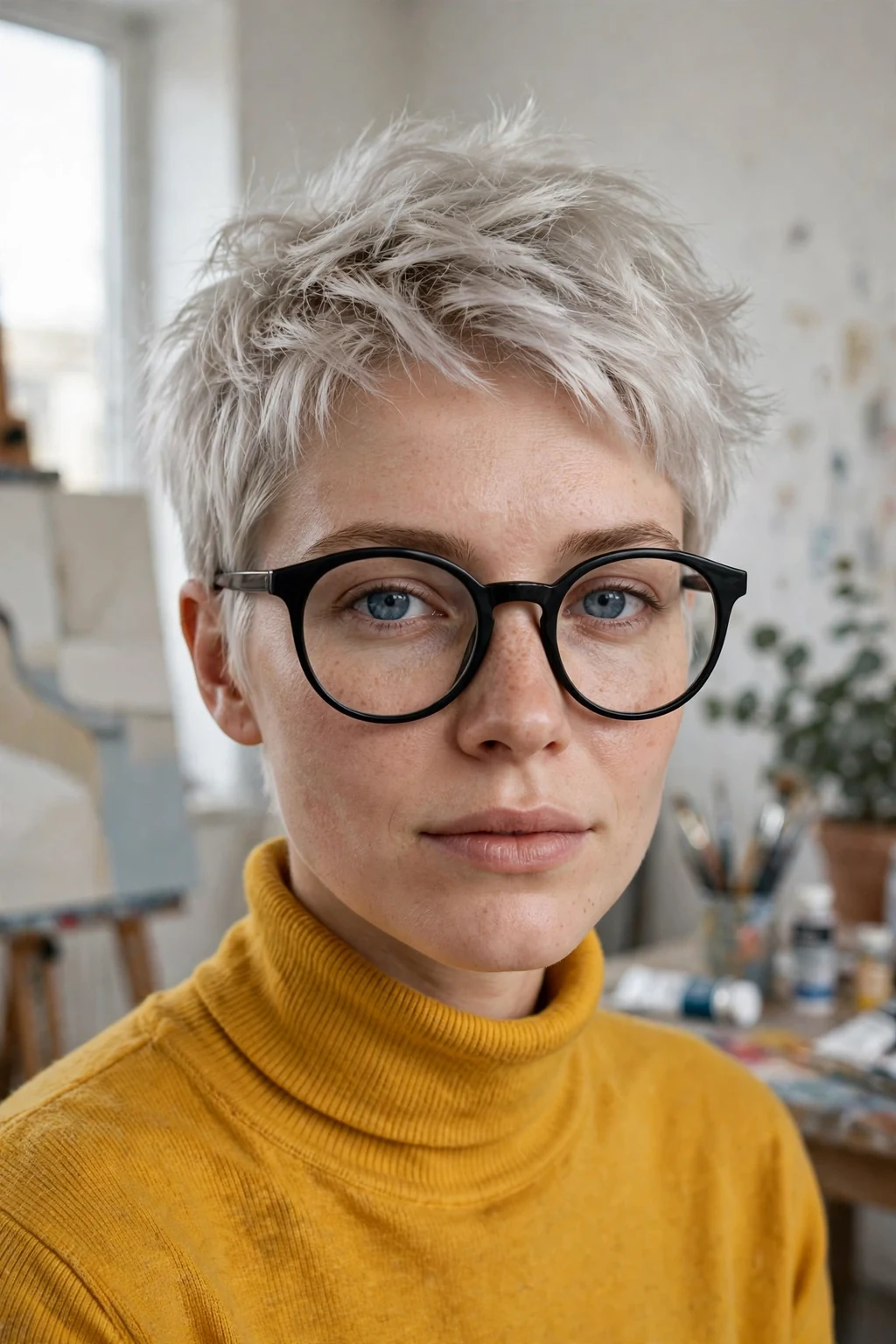 Young woman in her mid 20s with a platinum silver crop wearing oversized round glasses.