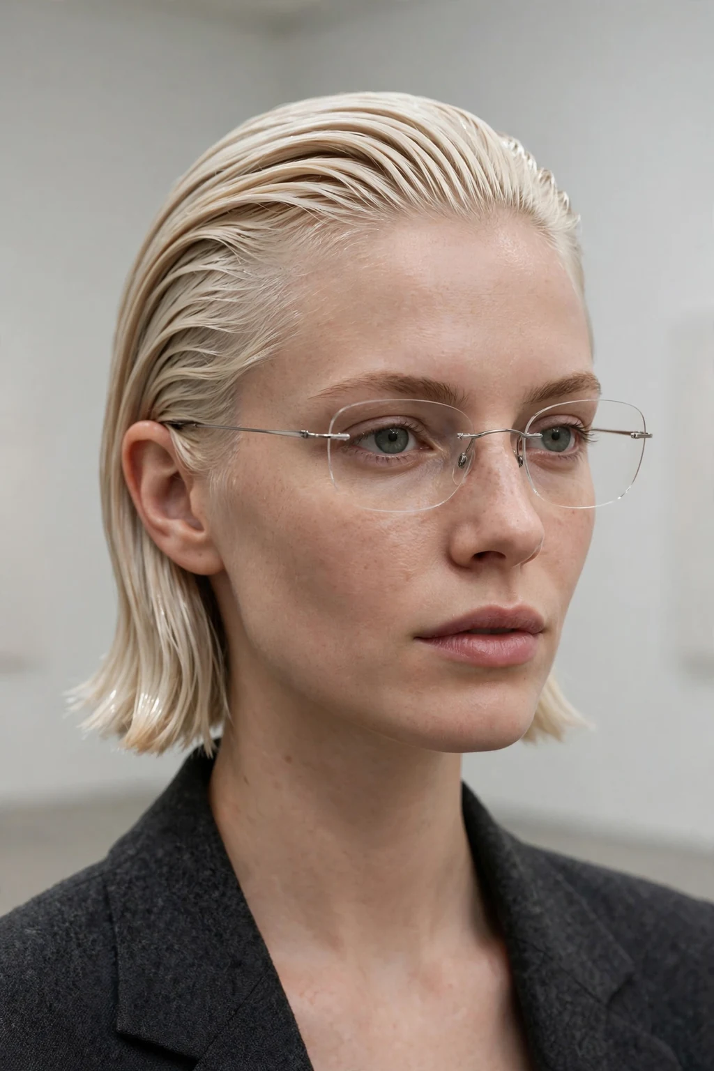 Young woman in her late 20s with a platinum slicked-back bob wearing rimless glasses.