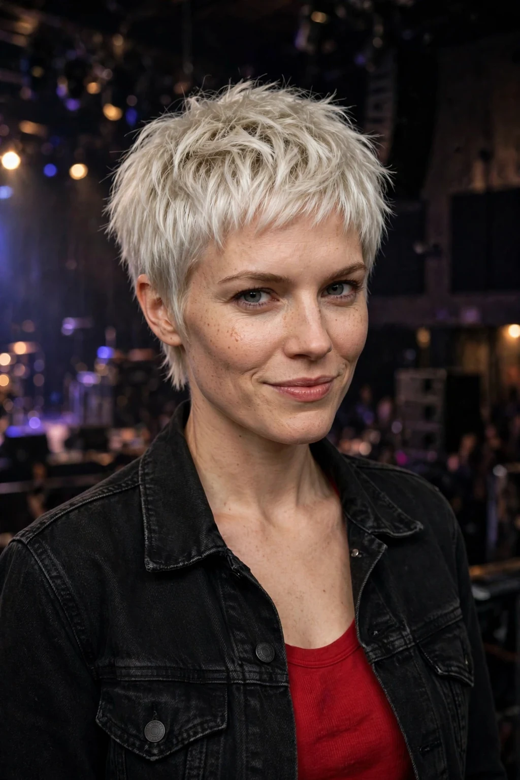 A young woman with a platinum textured pixie, icy blonde choppy layers with a matte finish.