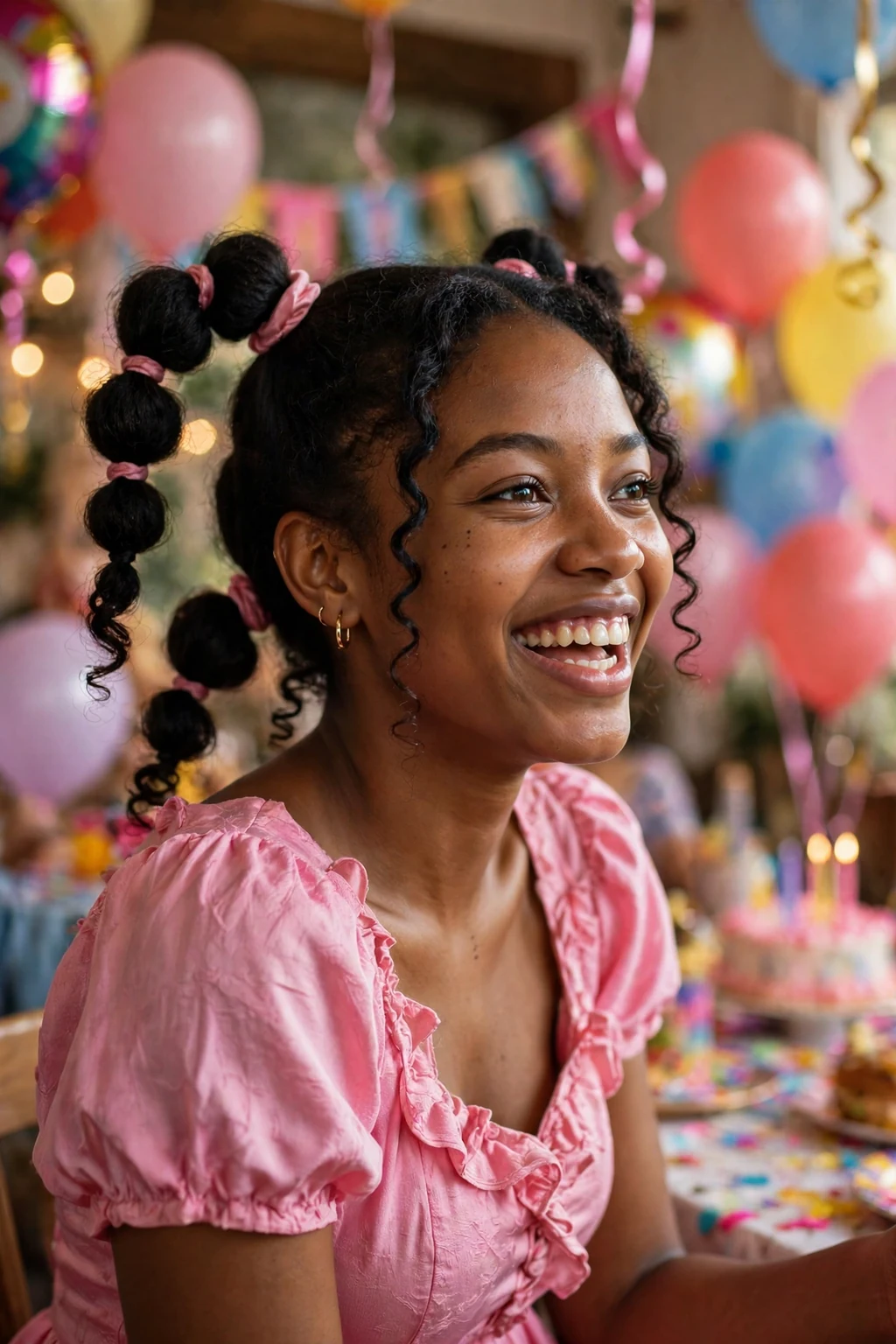 Young woman with a playful bubble ponytail at a birthday party, wearing a pink party dress.