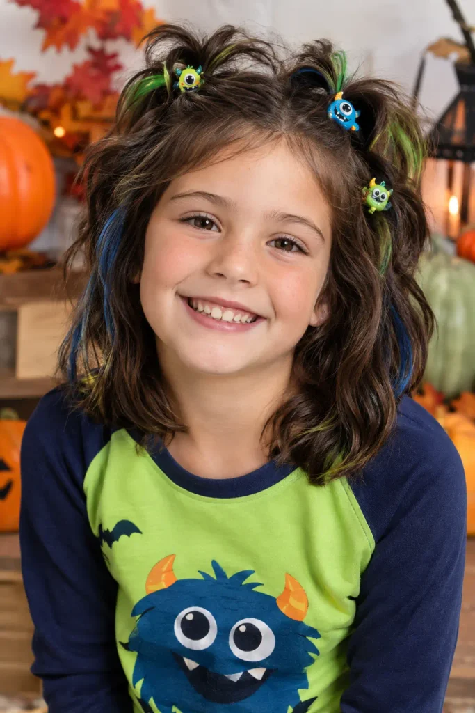 Playful monster Halloween hairstyle for kids with temporary color