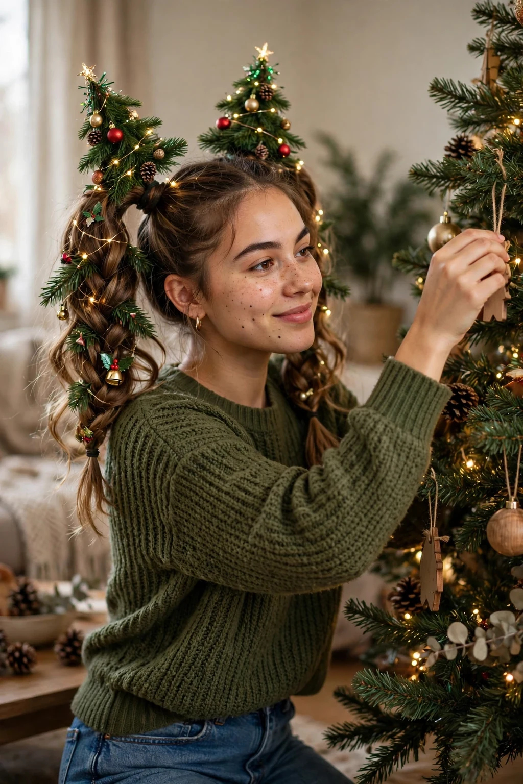 Young woman with playful tree pigtails hairstyle, festive holiday look.