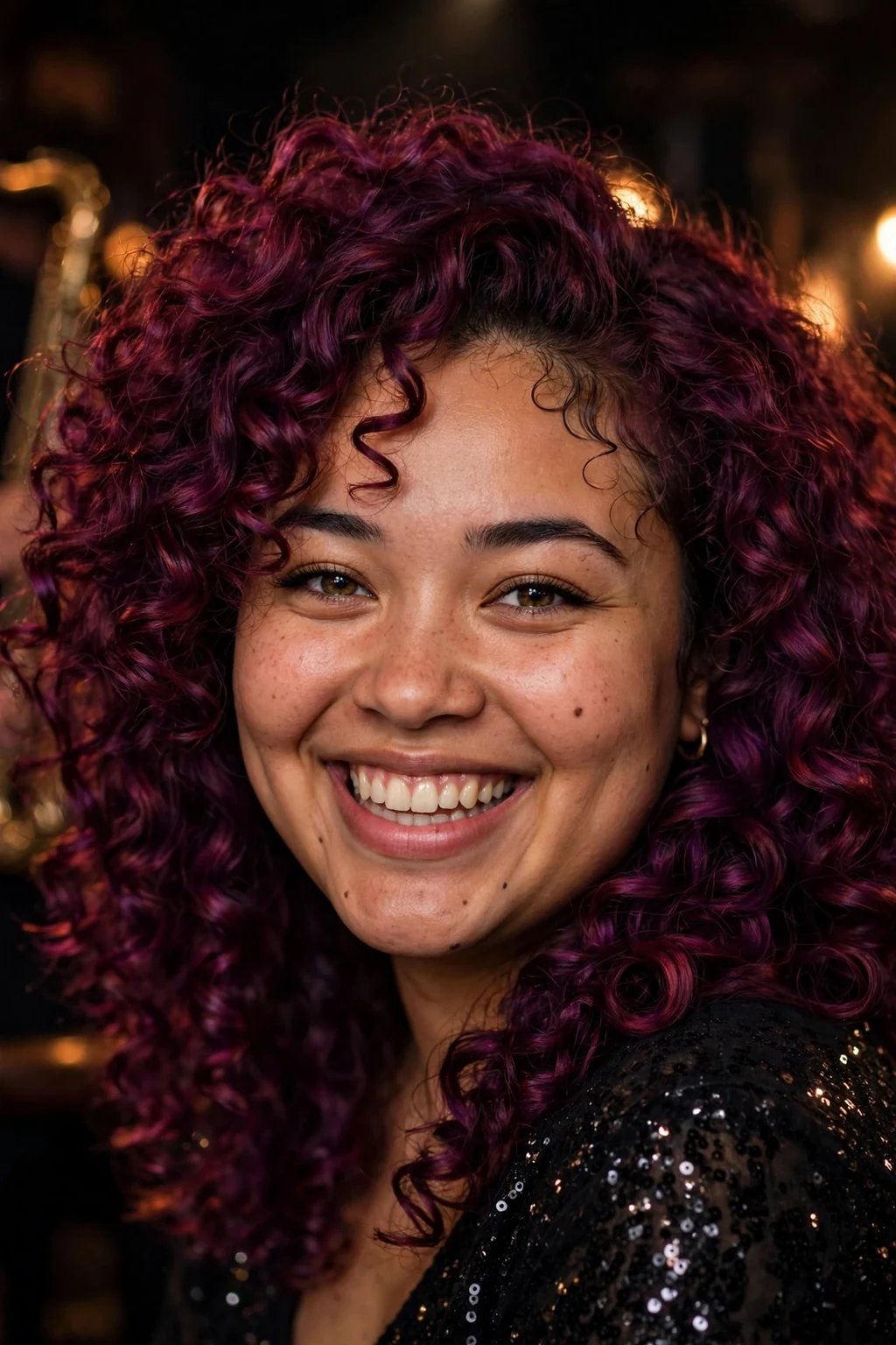 Young mixed-race woman in her late 20s with plum burgundy spiral curls with violet-red tones, in a jazz club wearing a black sequin top.
