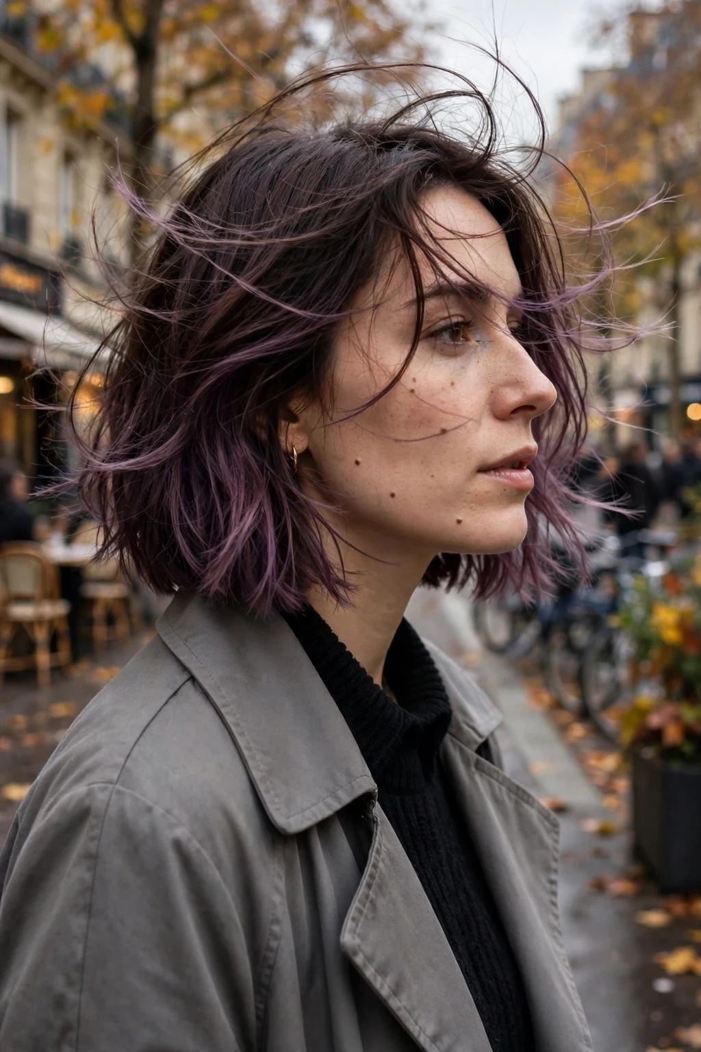 Young woman with a plum smoke balayage bob on a city street wearing a gray trench coat.