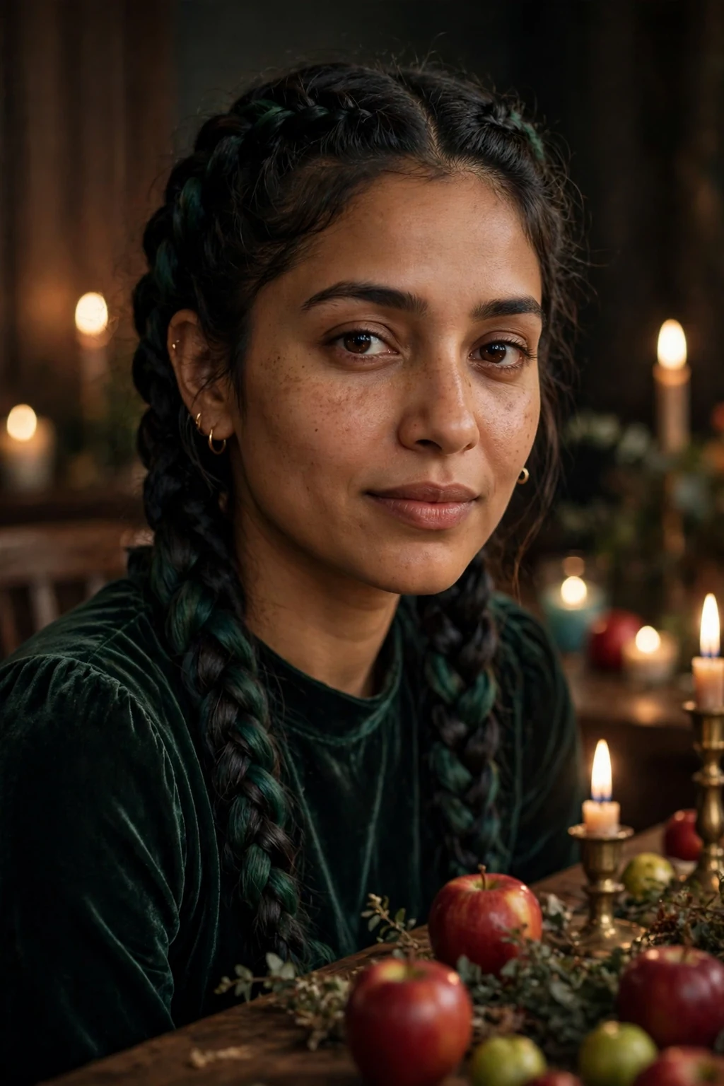 Young woman with poison apple braids mixing deep green and black strands.