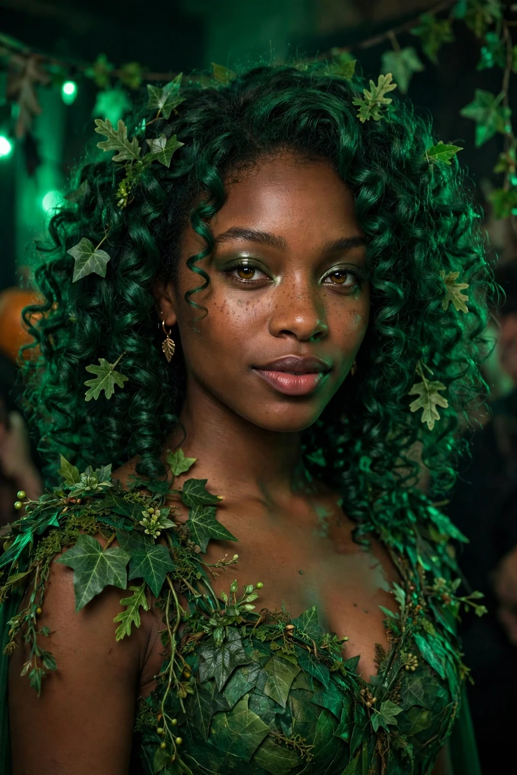 Young Black woman with poison ivy green curls and a plant villain costume.