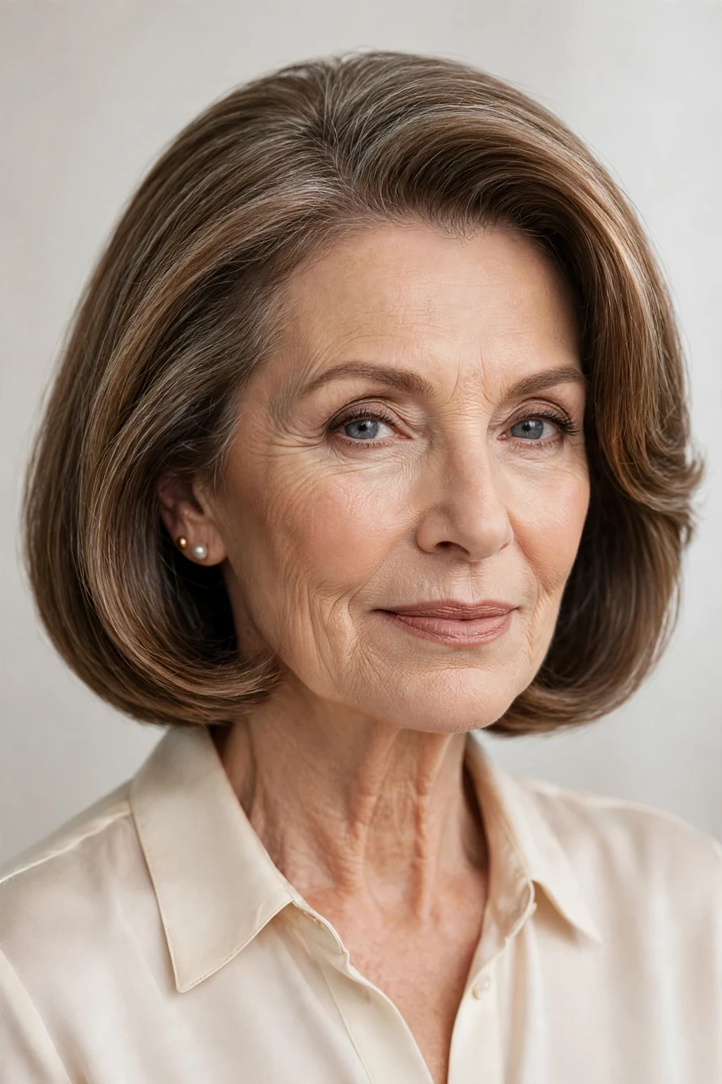 Elegant woman over 60 with polished blowout bob, smooth salon finish, glamorous light.