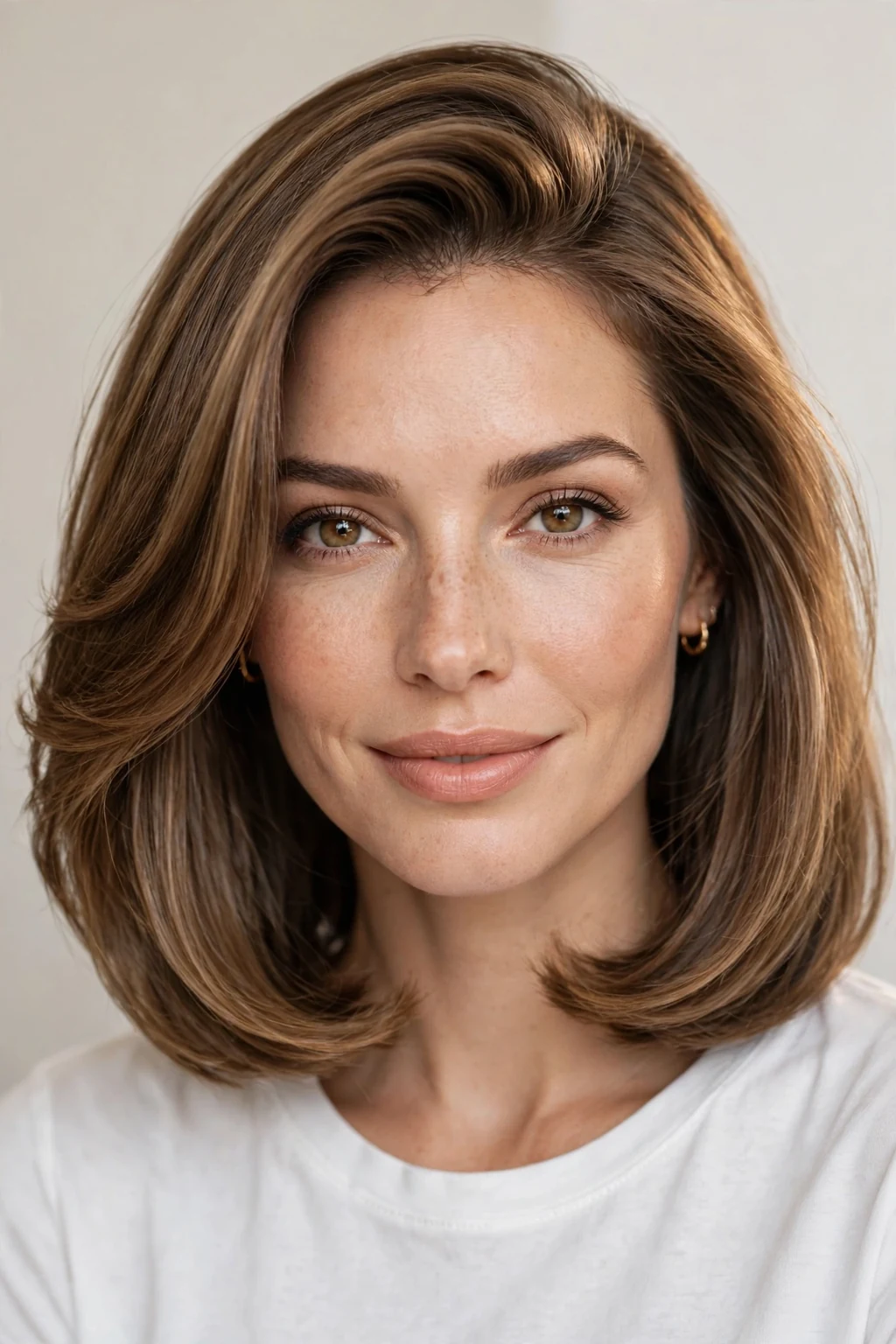 Woman with polished blowout lob, smooth salon finish, glamorous light.