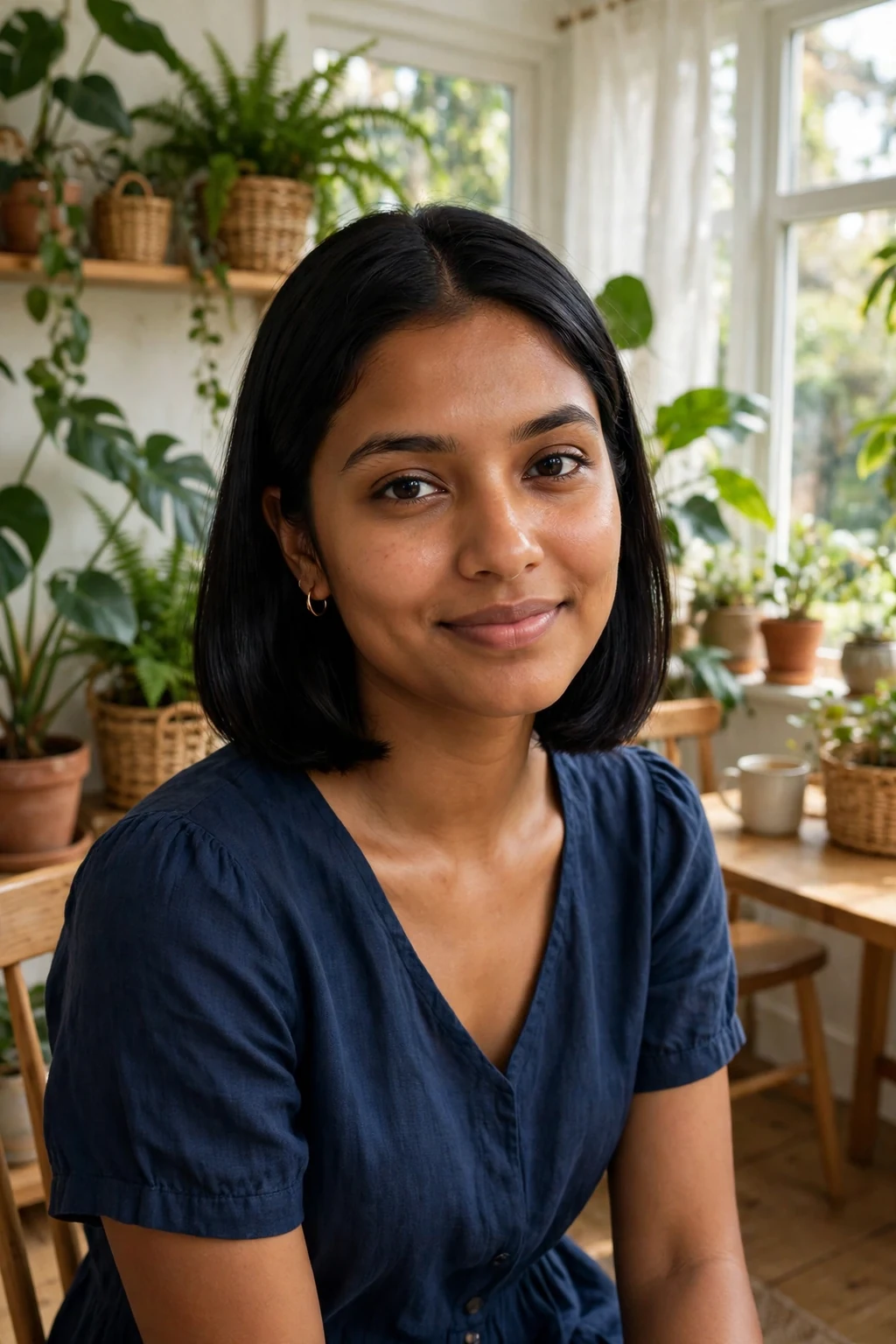 Young woman with a polished center-part lob hairstyle in a bright sunroom.