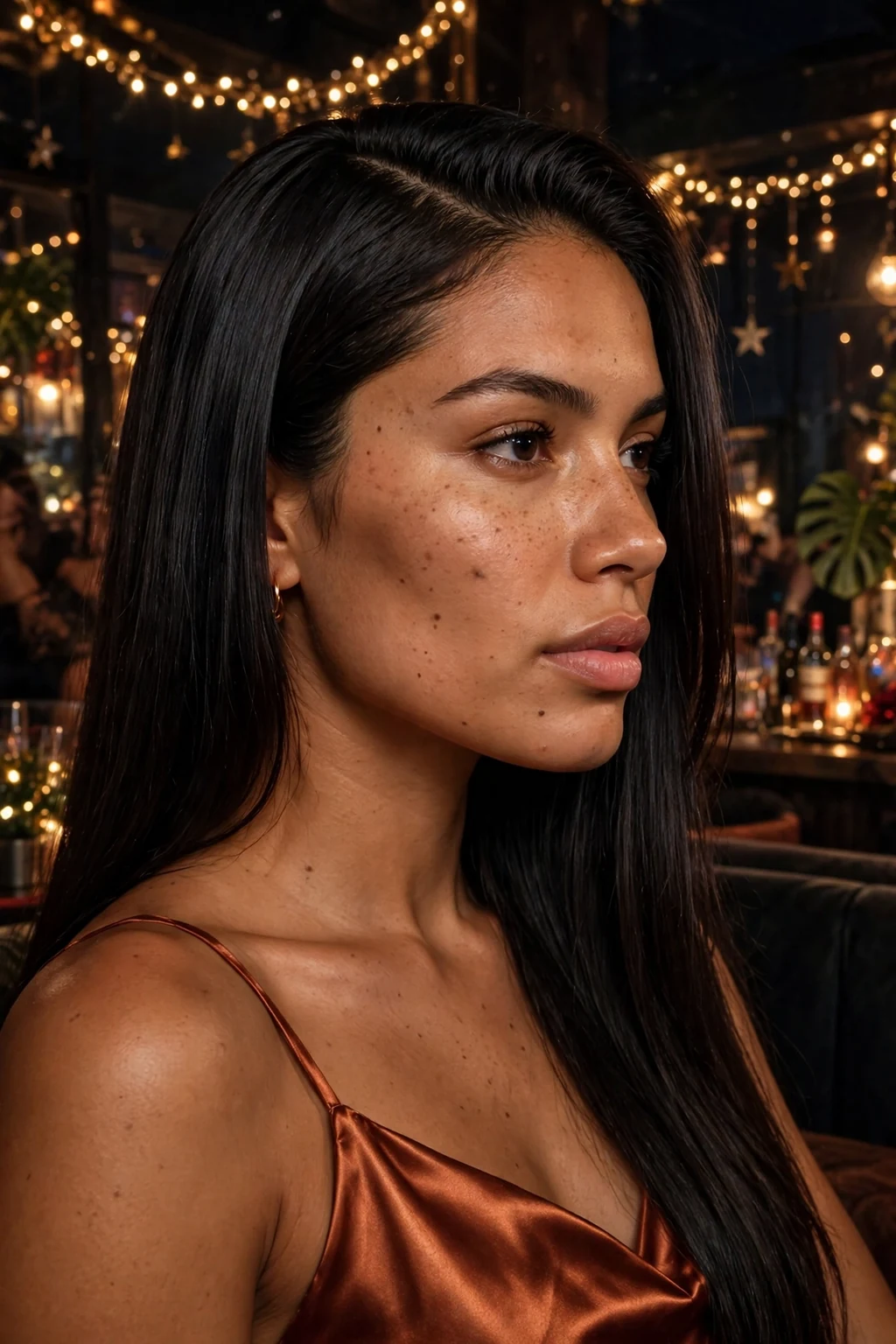 Young Latina woman with a polished deep side part wearing a copper satin dress at a nightclub lounge.