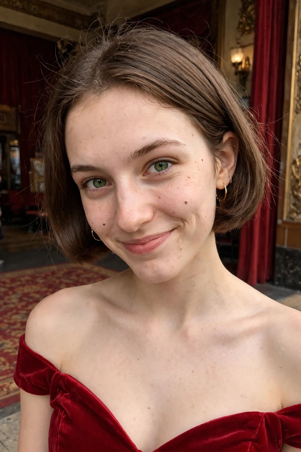 Young woman aged 18 to 20 with polished ear-length bob hairstyle for prom, a vintage theatre lobby with velvet curtains.