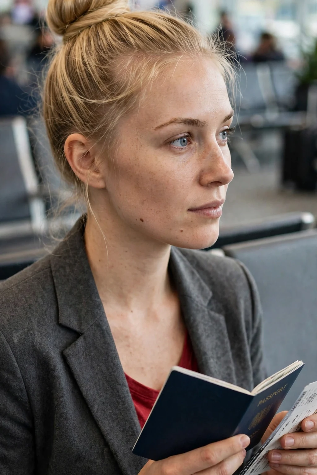 Young woman with a polished high sock bun hairstyle holding her passport in an airport waiting area, wearing a charcoal blazer.