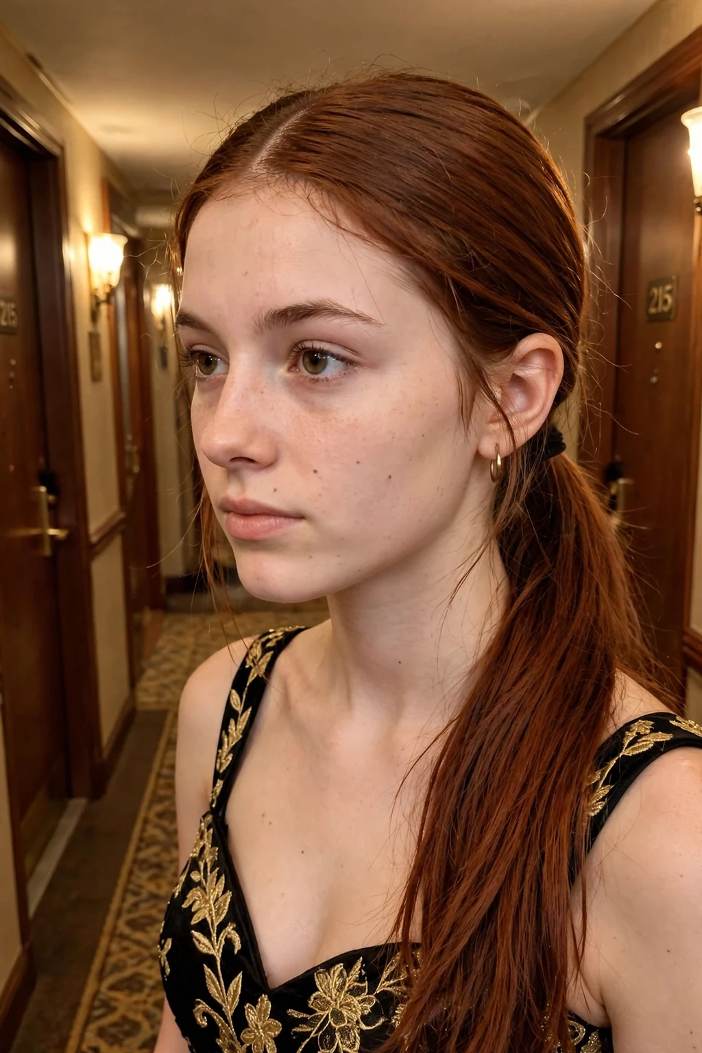 A young woman with long hair in a polished low ponytail with a middle part.