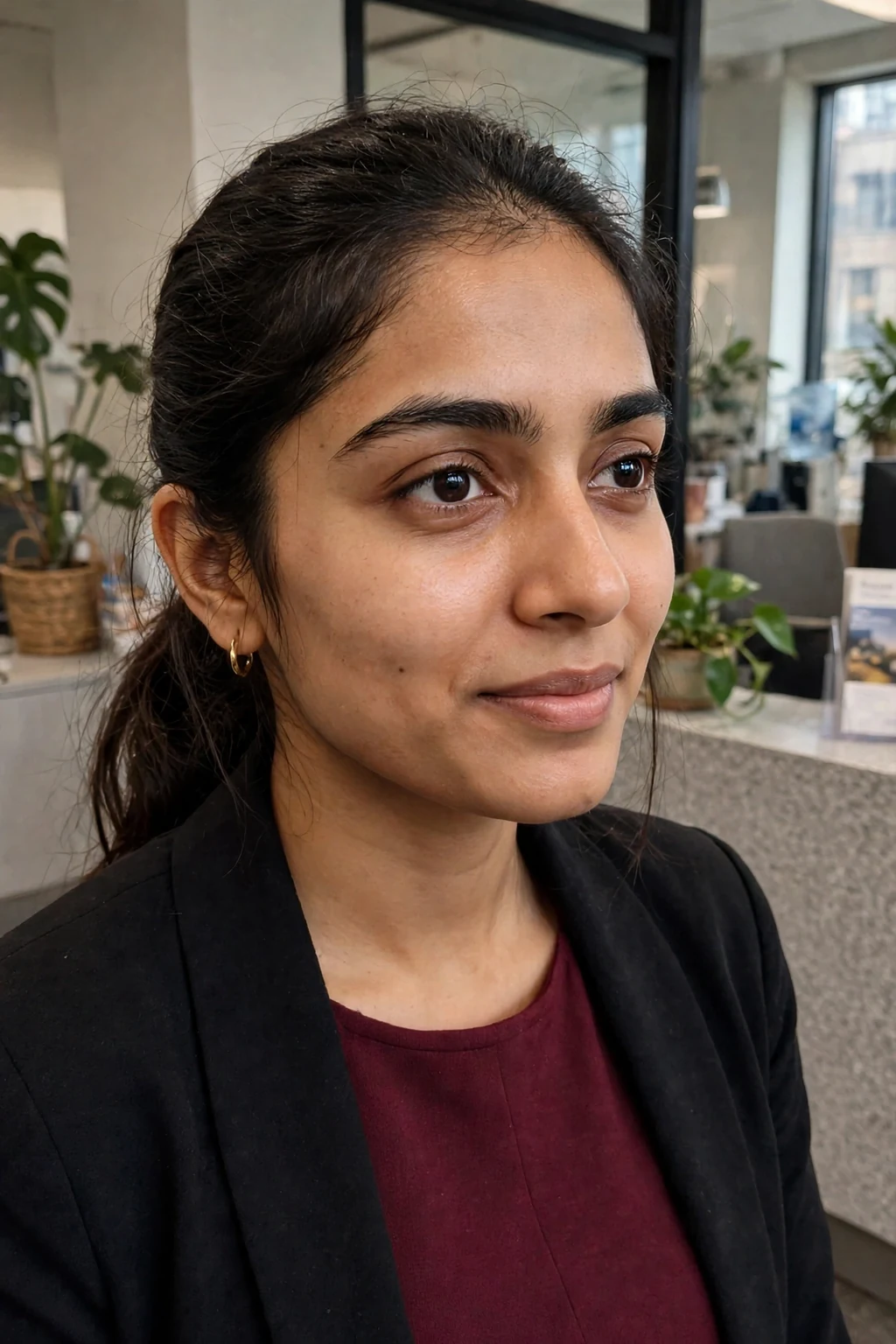 Young professional woman with a polished low ponytail hairstyle, wearing professional attire in an office setting.